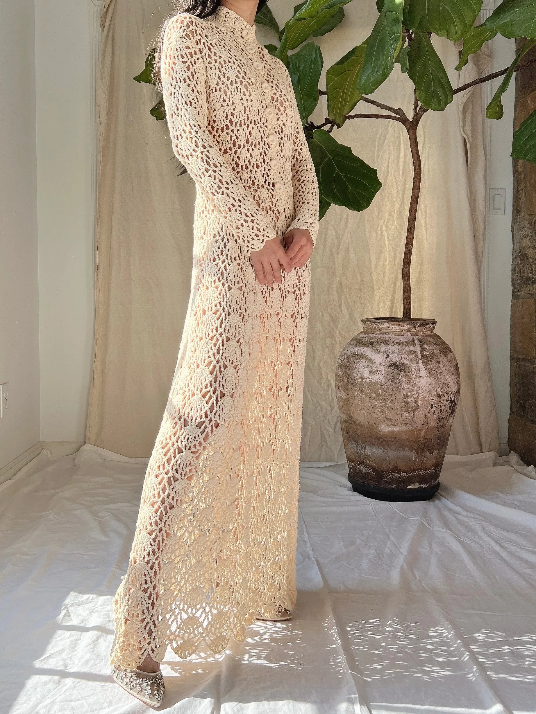 1970s Long Sleeves Crochet Dress - S-M