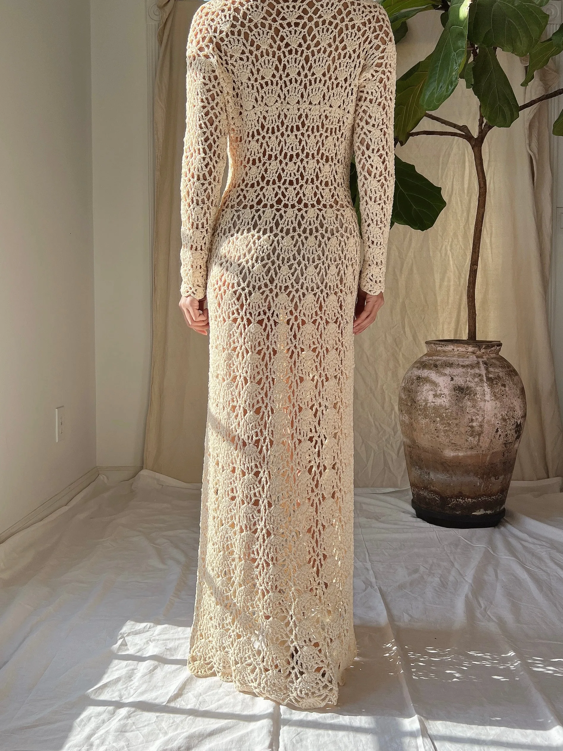 1970s Long Sleeves Crochet Dress - S-M
