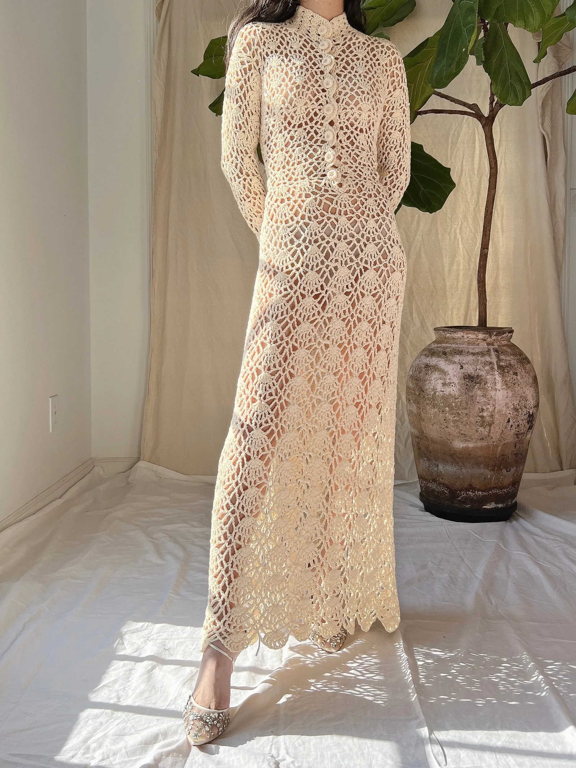 1970s Long Sleeves Crochet Dress - S-M