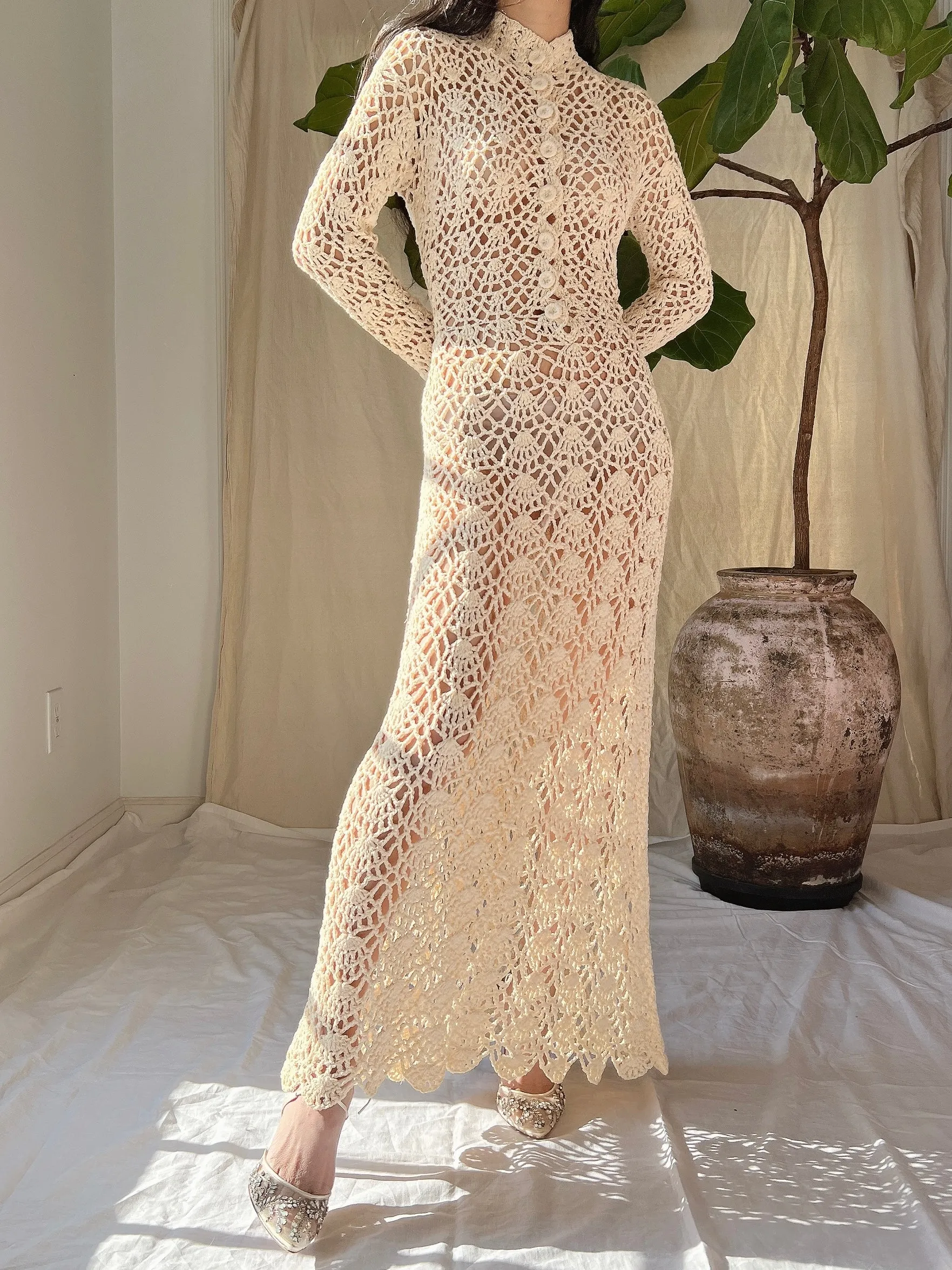 1970s Long Sleeves Crochet Dress - S-M