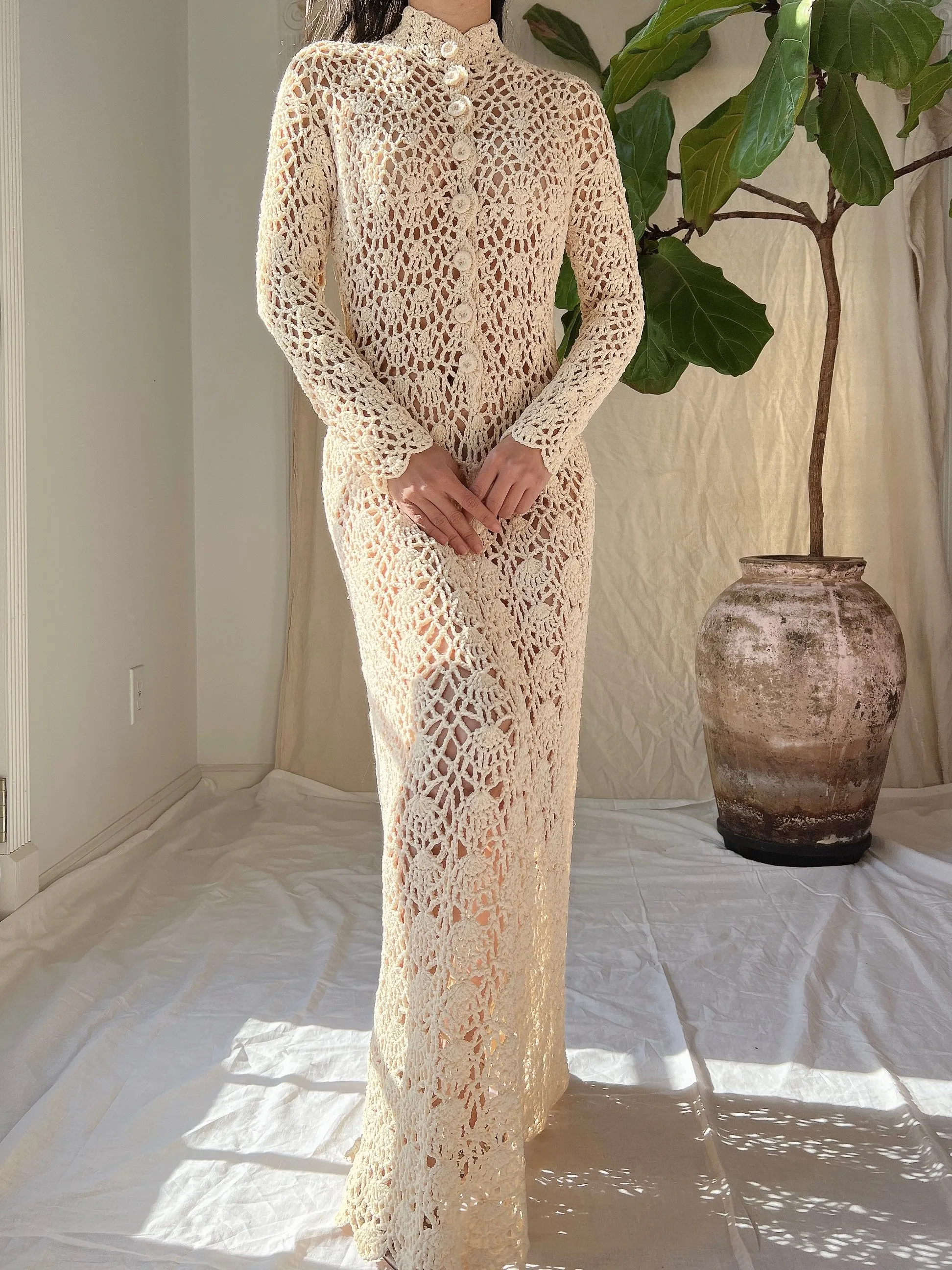 1970s Long Sleeves Crochet Dress - S-M