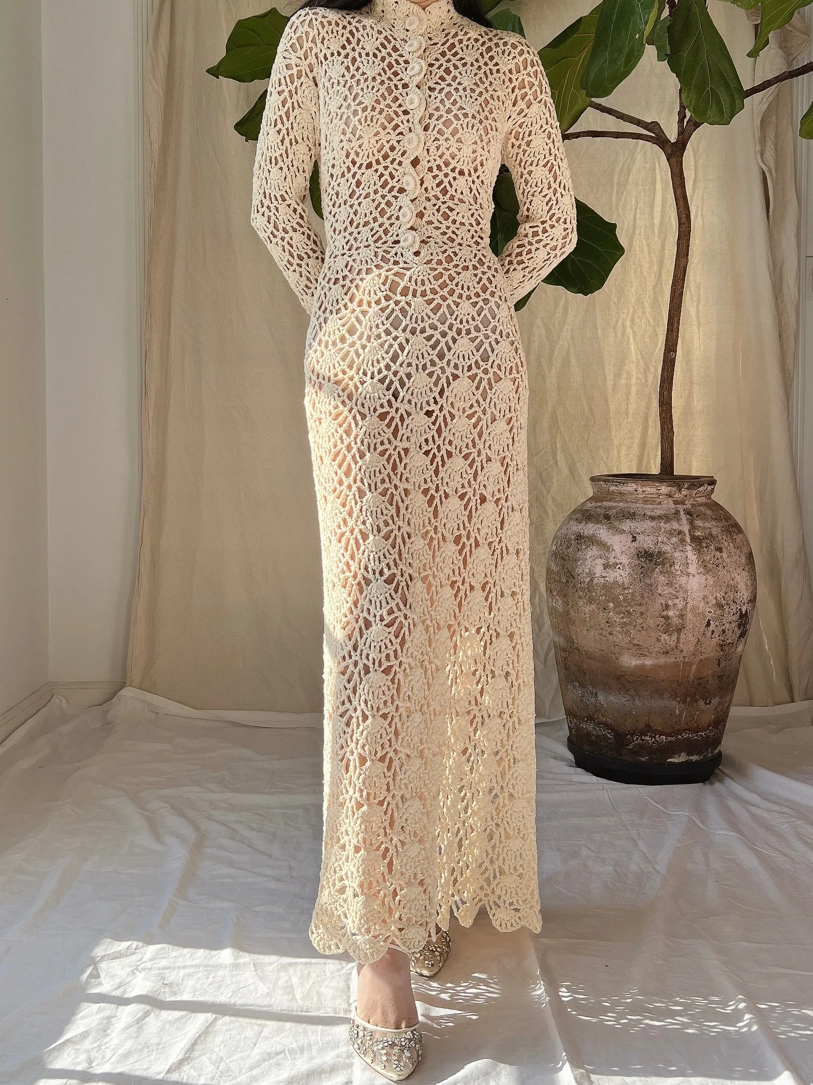 1970s Long Sleeves Crochet Dress - S-M