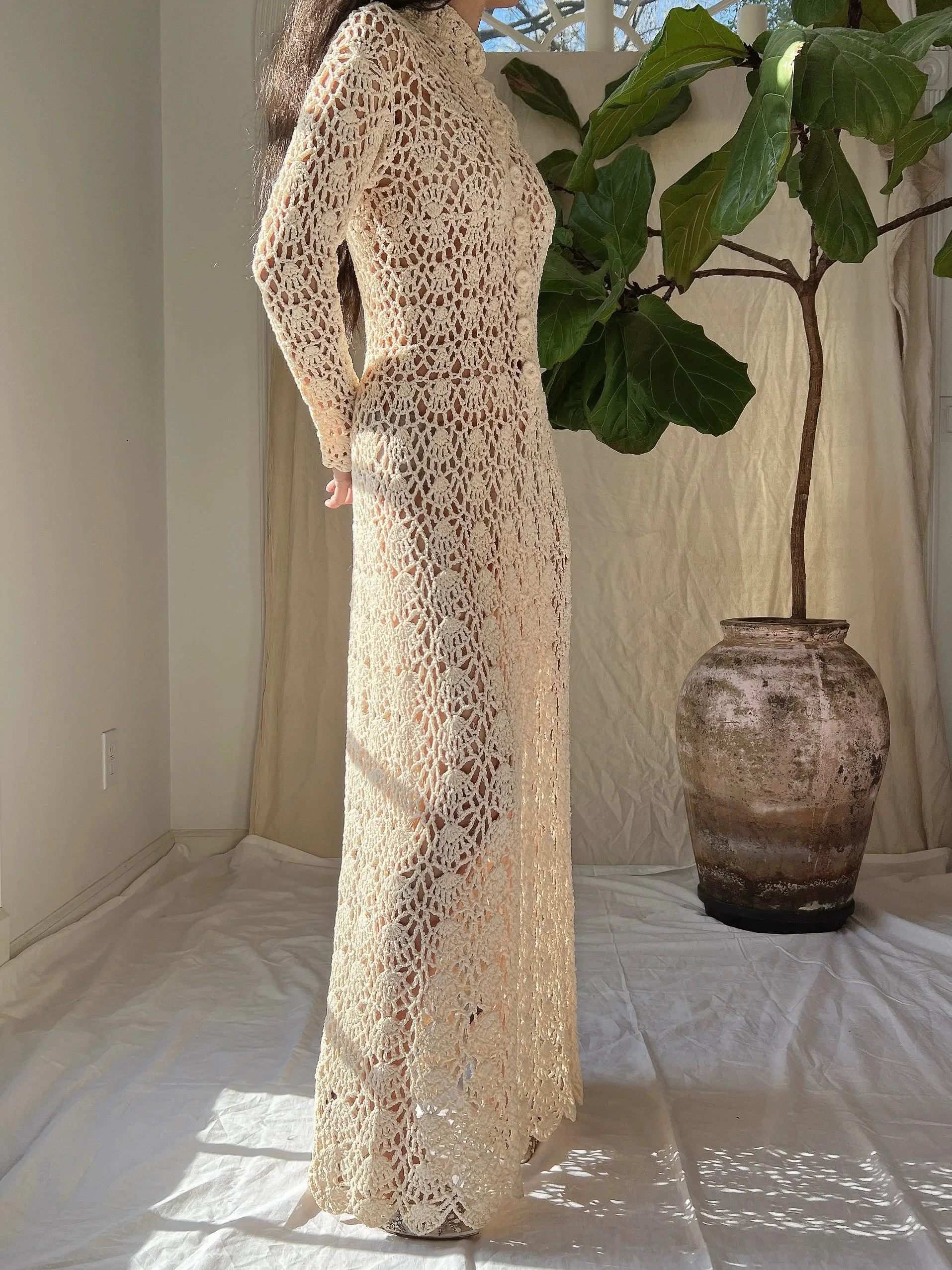1970s Long Sleeves Crochet Dress - S-M