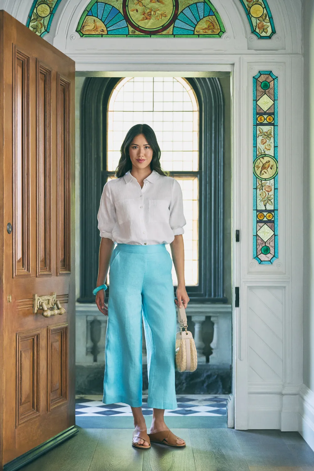 7/8th Wide Leg Linen Pant - Blue Lake