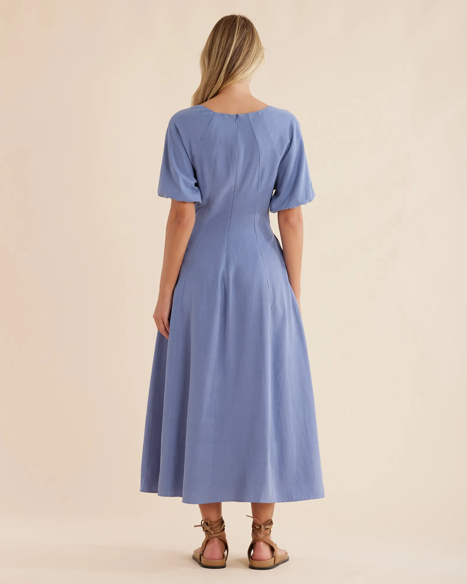Auguste Puff Sleeve Midi Dress - Cerulean Blue