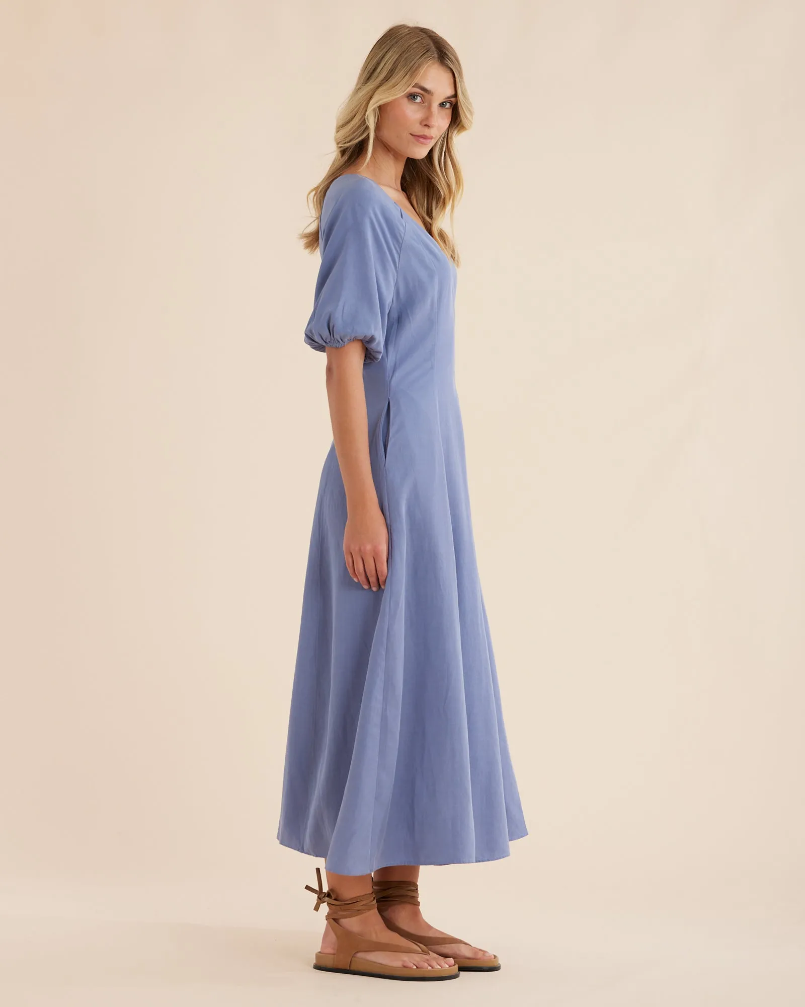 Auguste Puff Sleeve Midi Dress - Cerulean Blue