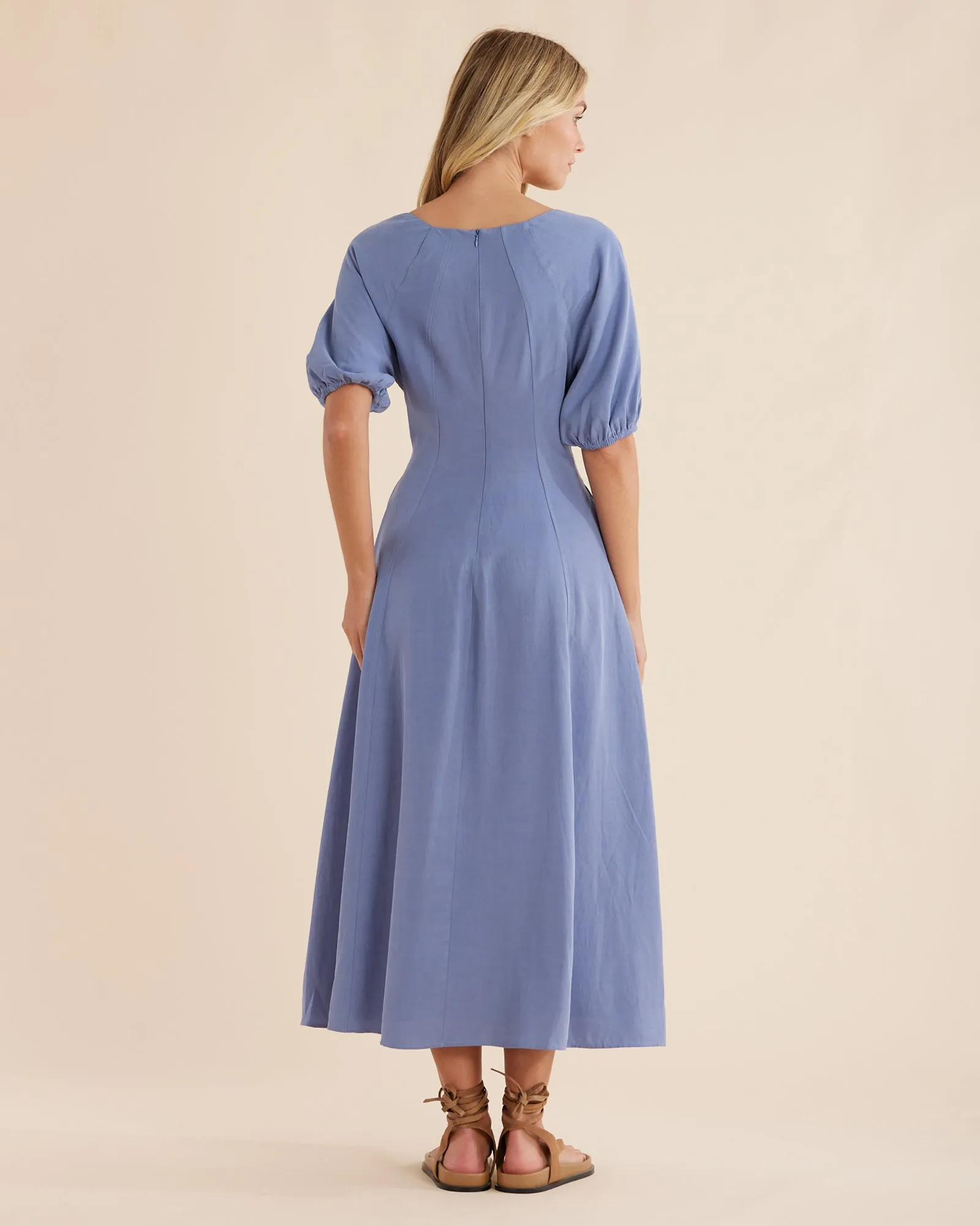 Auguste Puff Sleeve Midi Dress - Cerulean Blue