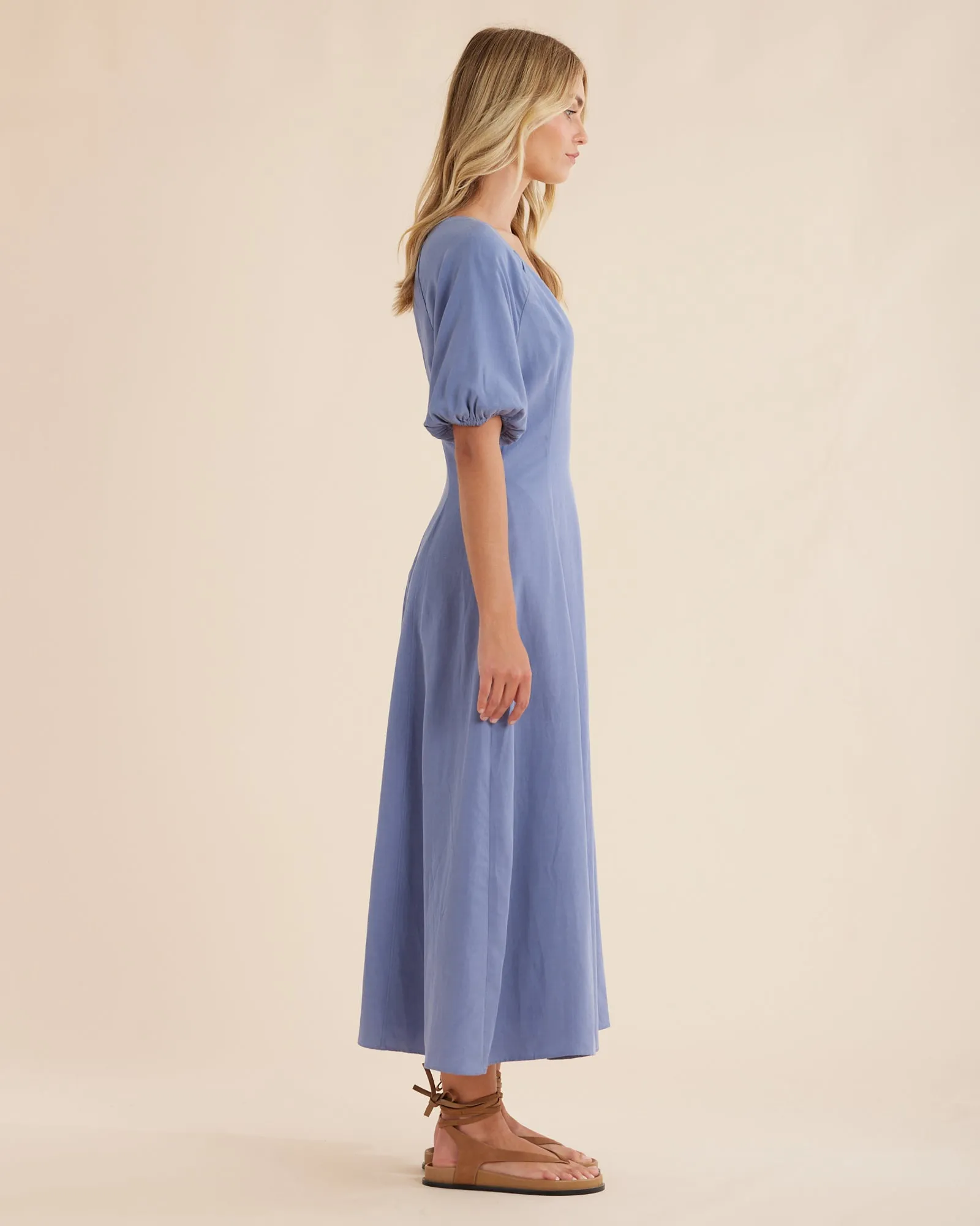 Auguste Puff Sleeve Midi Dress - Cerulean Blue