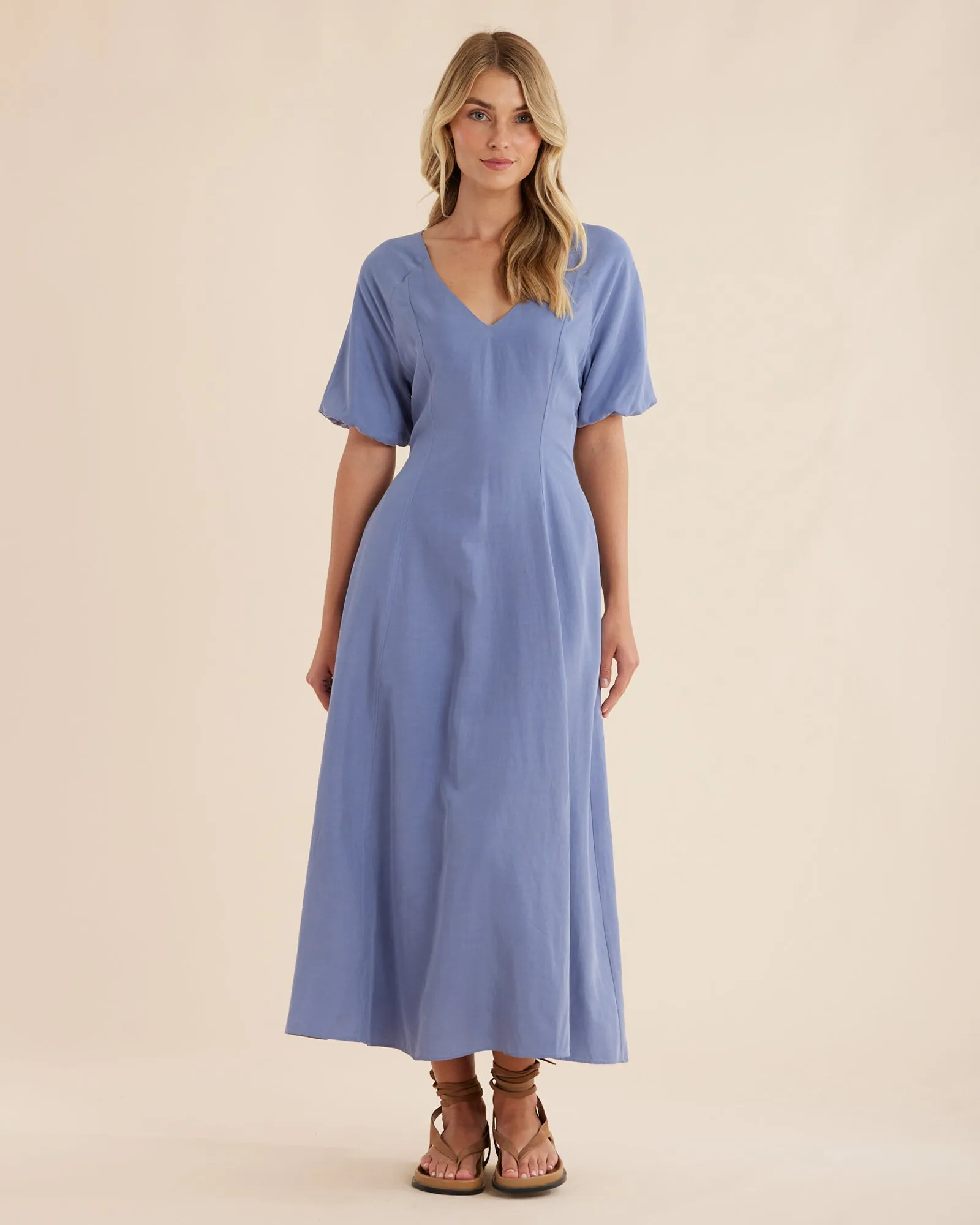 Auguste Puff Sleeve Midi Dress - Cerulean Blue