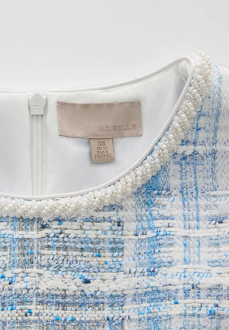 Beaded-Trim Stripped Mix Tweed Dress