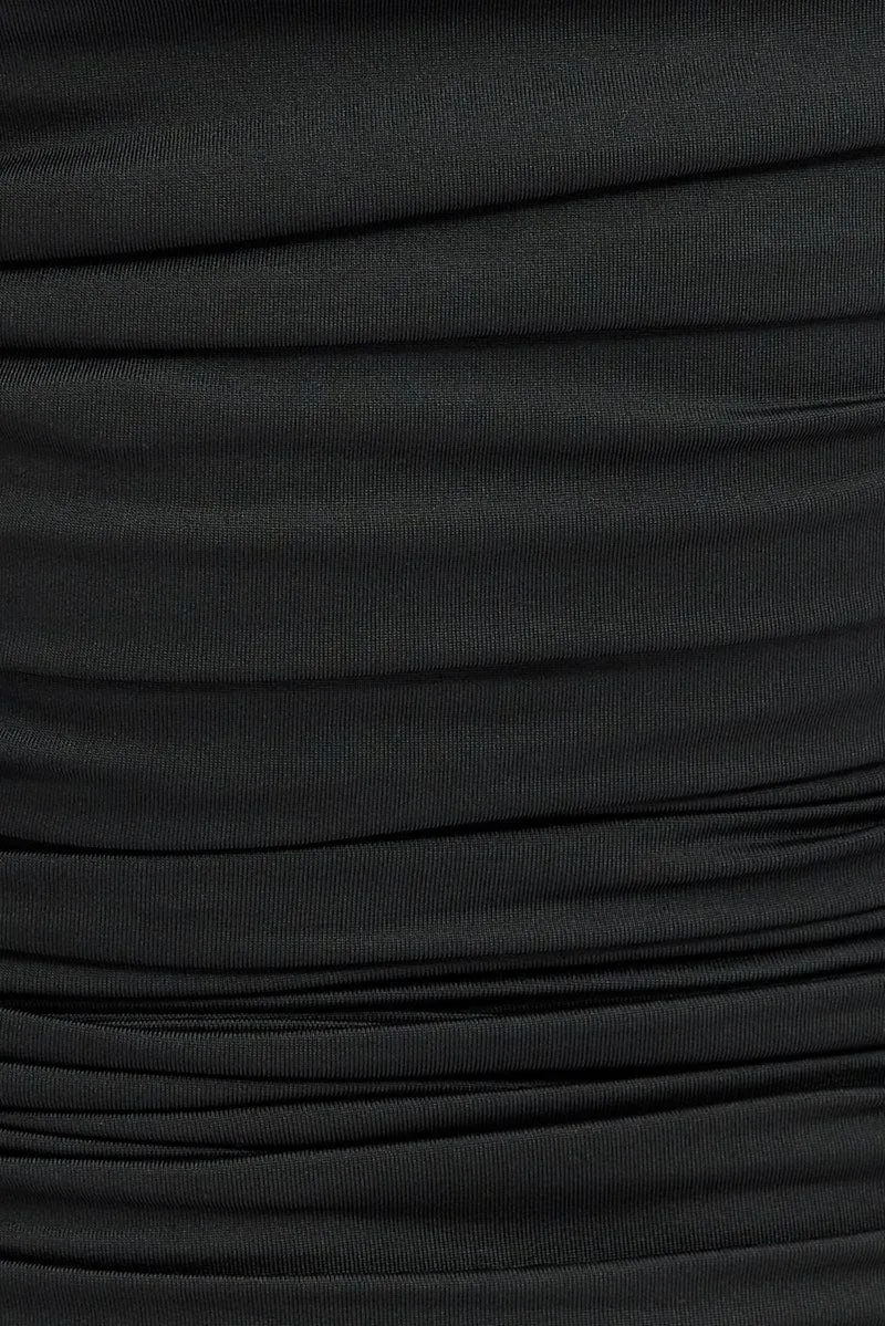 Black Bodycon Midi Dress Rose Strappy Rosette Gathered