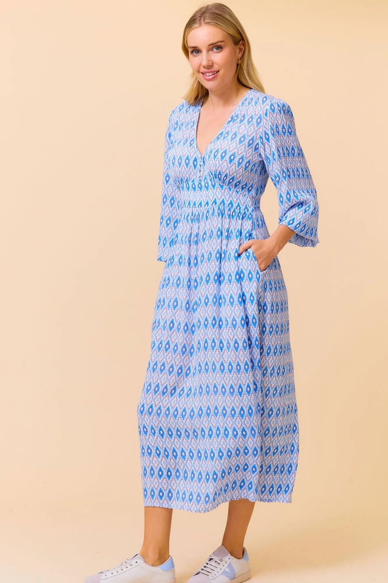 Camila Dress | Aztec Light Blue/Red