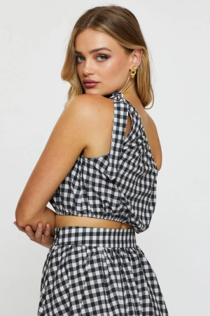 Check Crop Top One Shoulder Linen