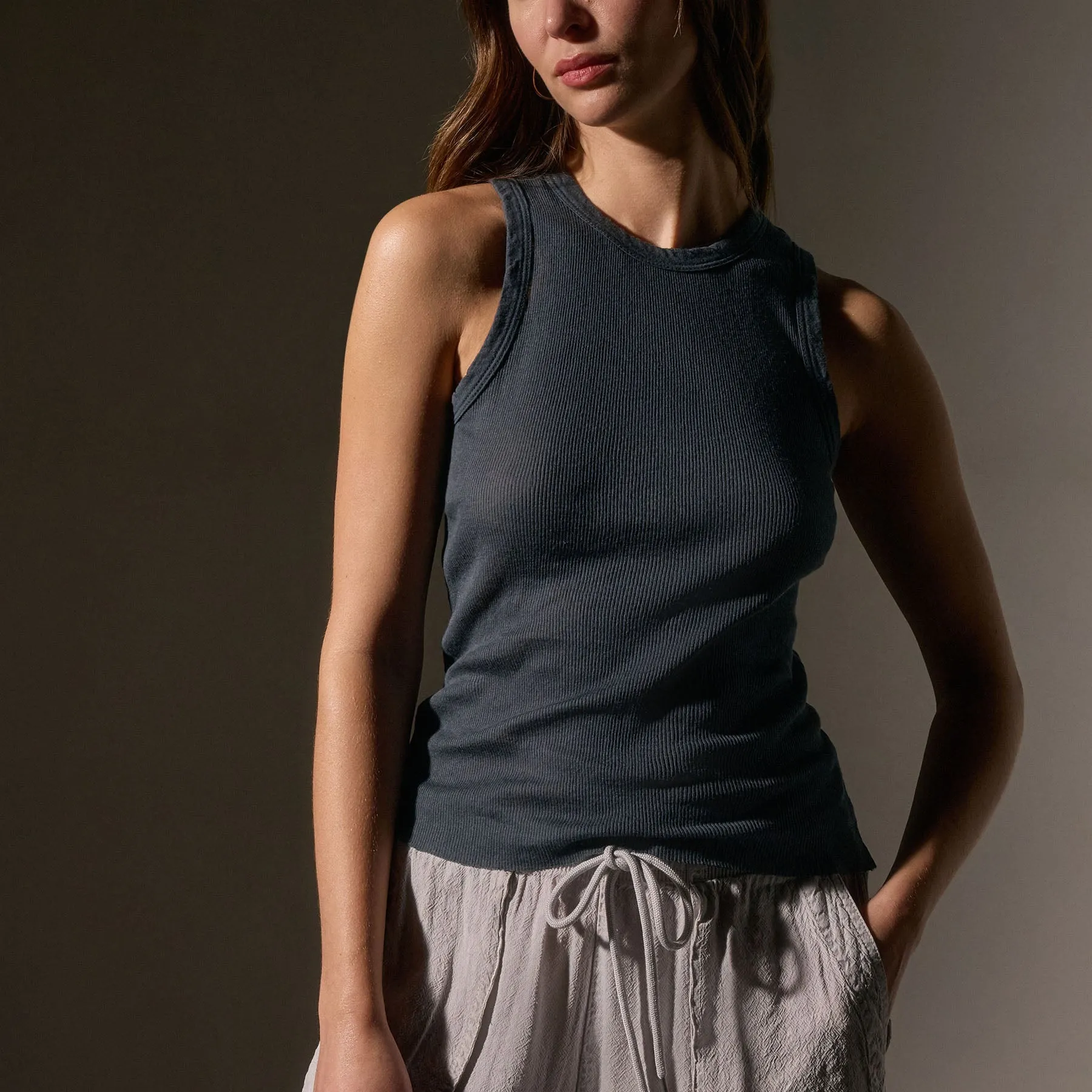 Cotton Cashmere Rib Shell Top - Asphalt