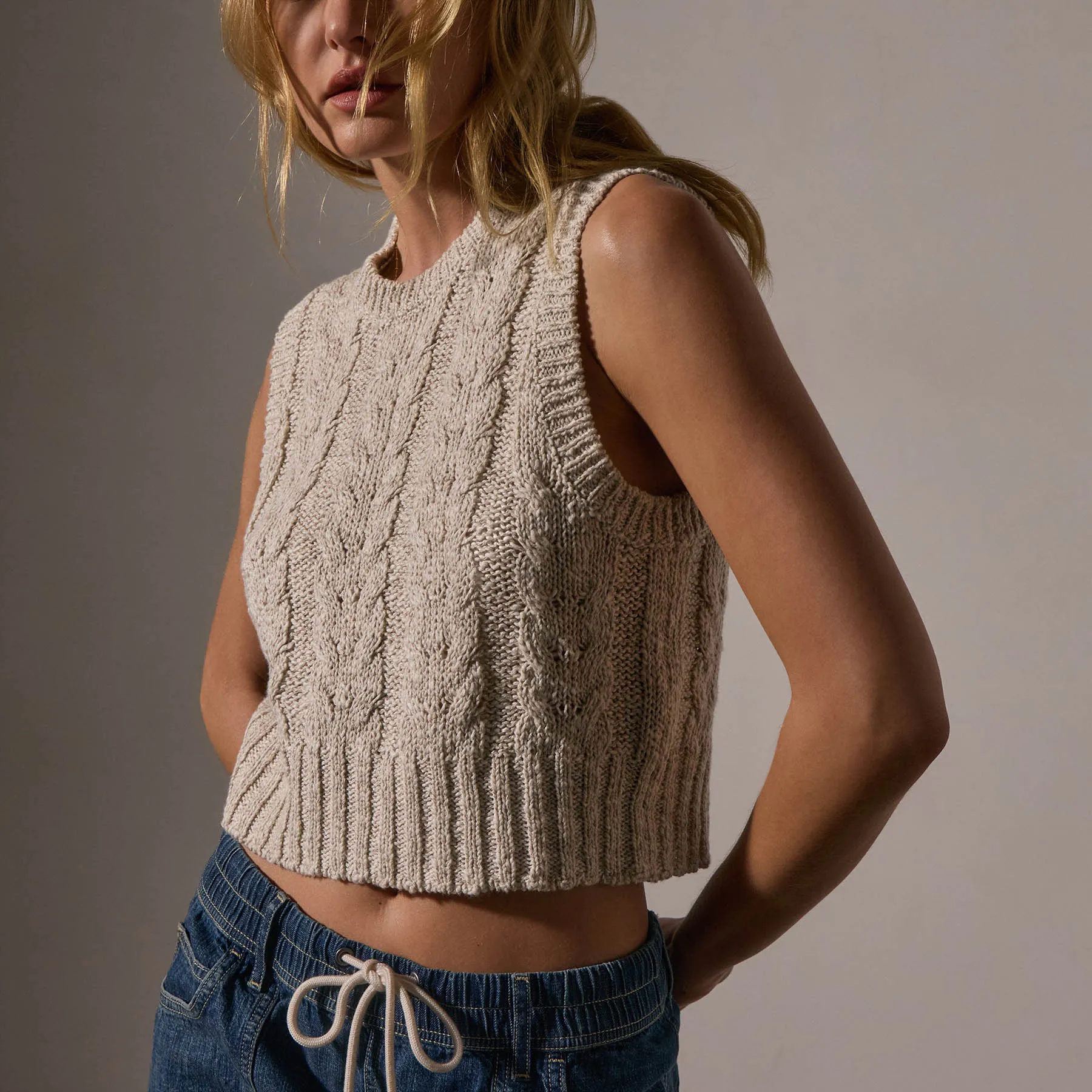 Cotton Linen Cable Knit Vest - Natural
