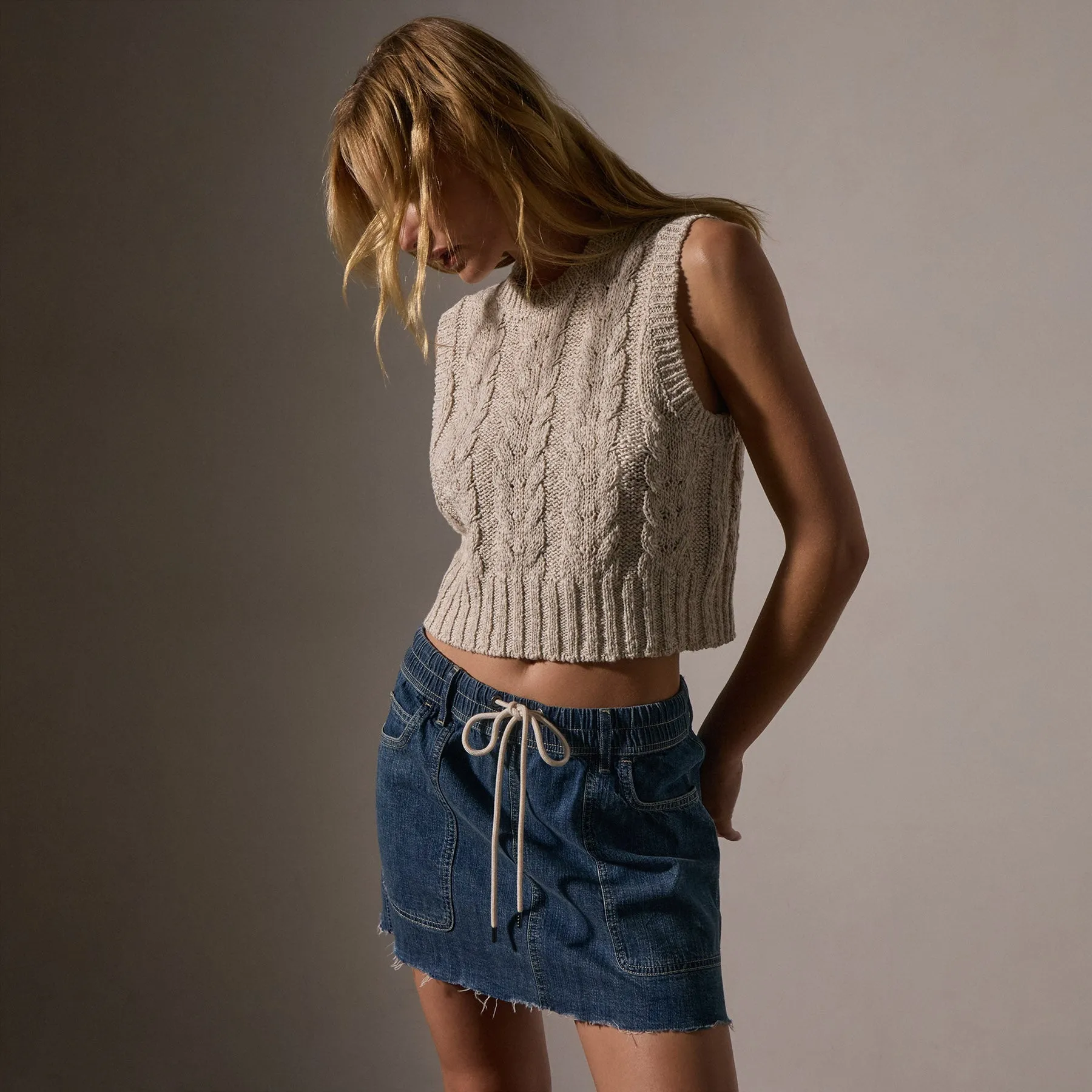 Cotton Linen Cable Knit Vest - Natural