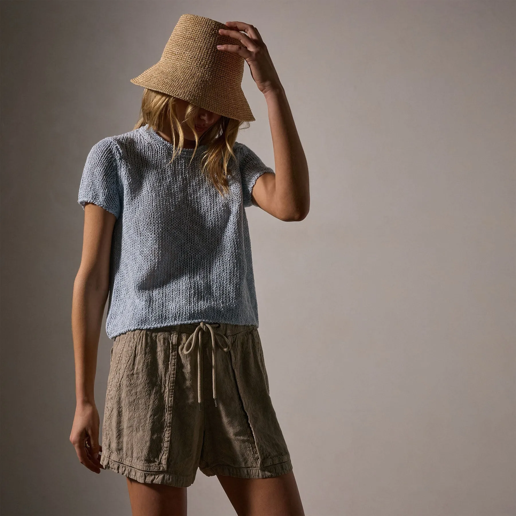 Cotton Linen Knit Crew Neck - Bleached Blue
