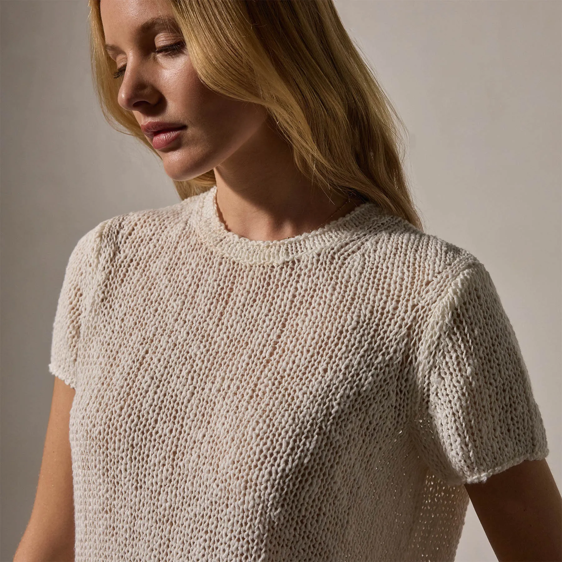Cotton Linen Knit Crew Neck - White