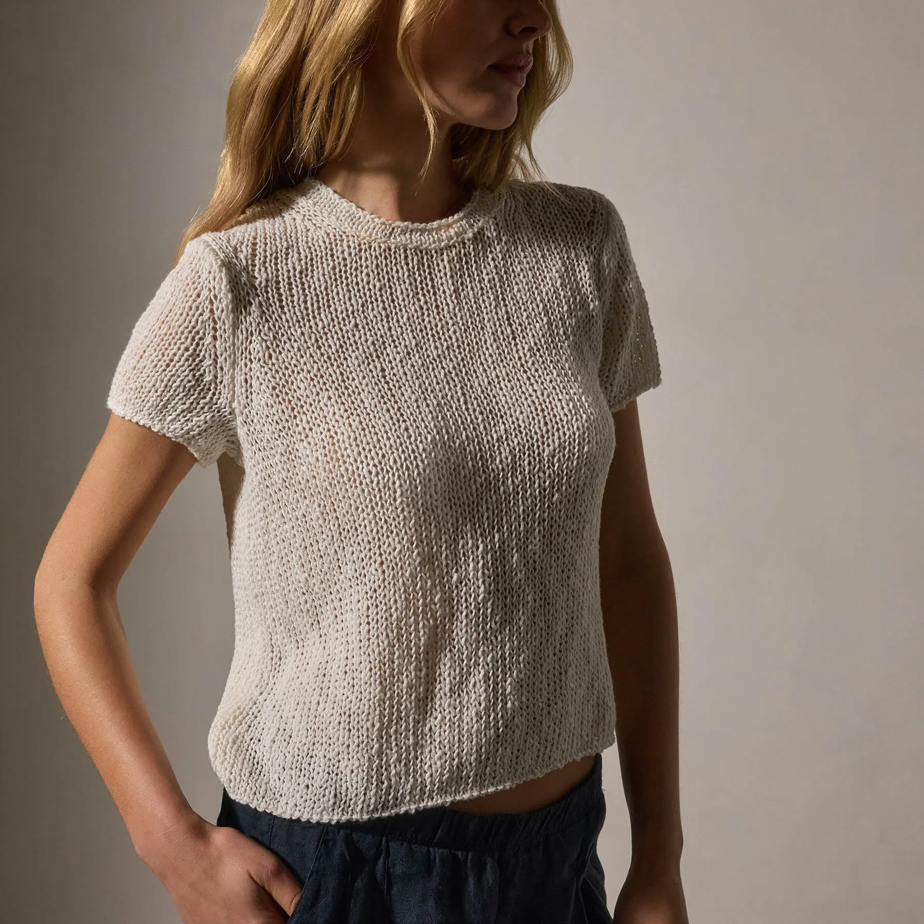 Cotton Linen Knit Crew Neck - White