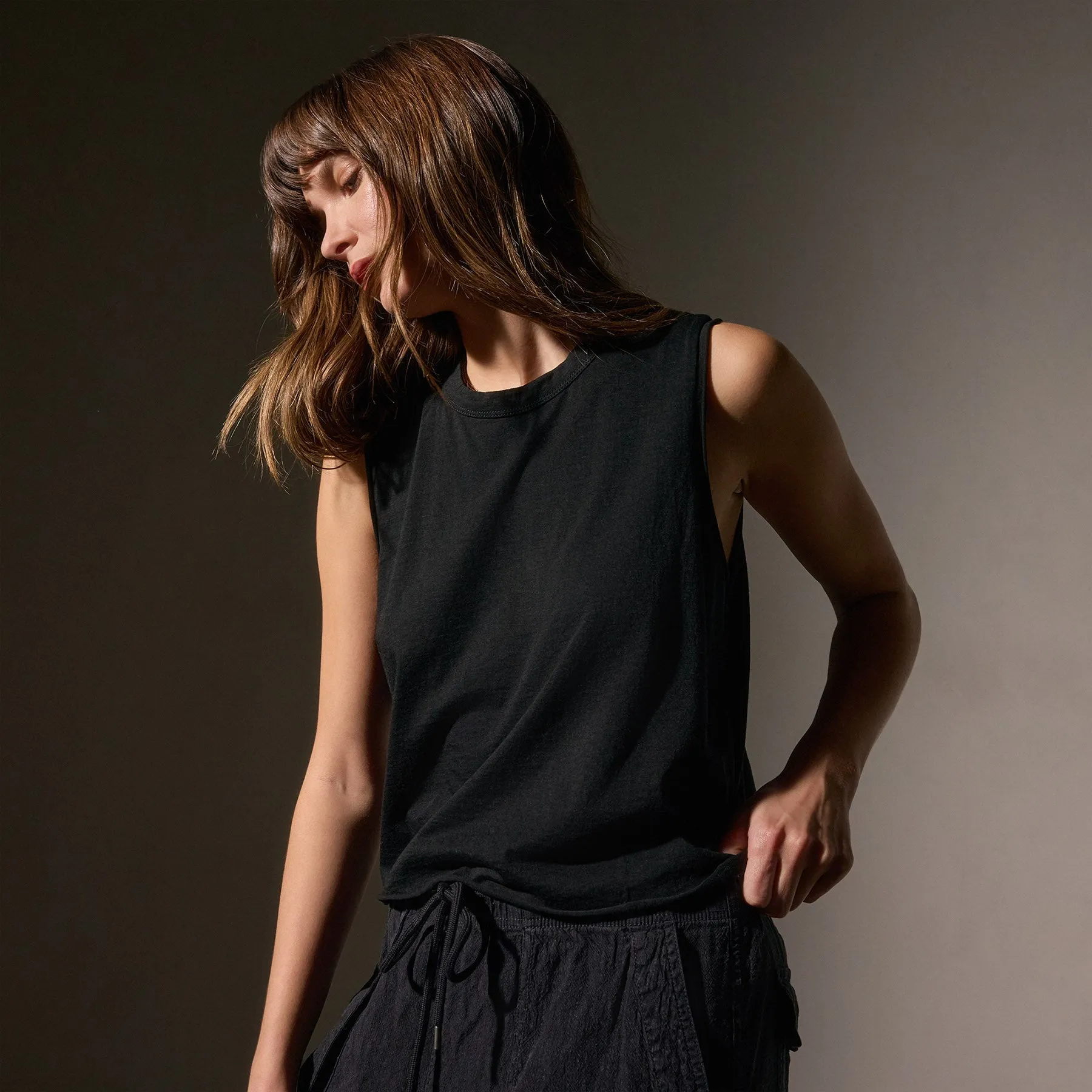 Cotton Linen Silk Shell Top - Black