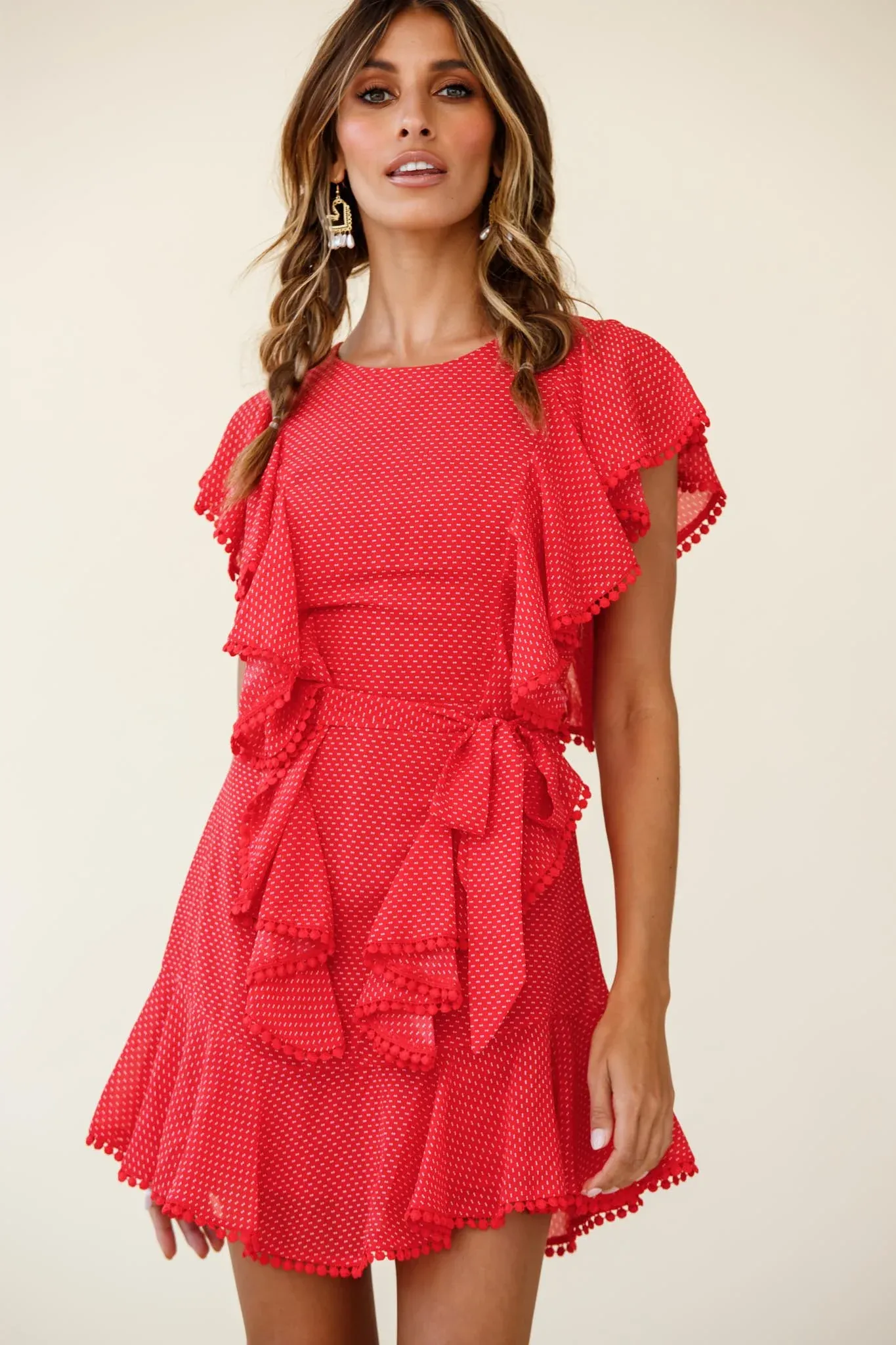 Deandra Ruffle Insert Waist Tie Dress Dash Pattern Red