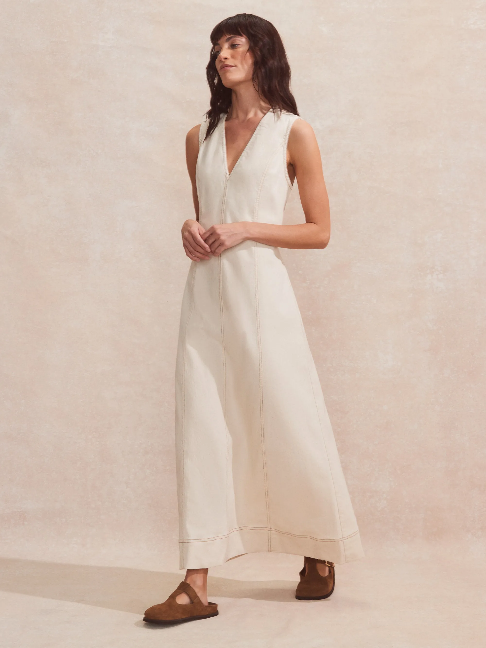 Ecru V-Neck Denim Maxi Dress