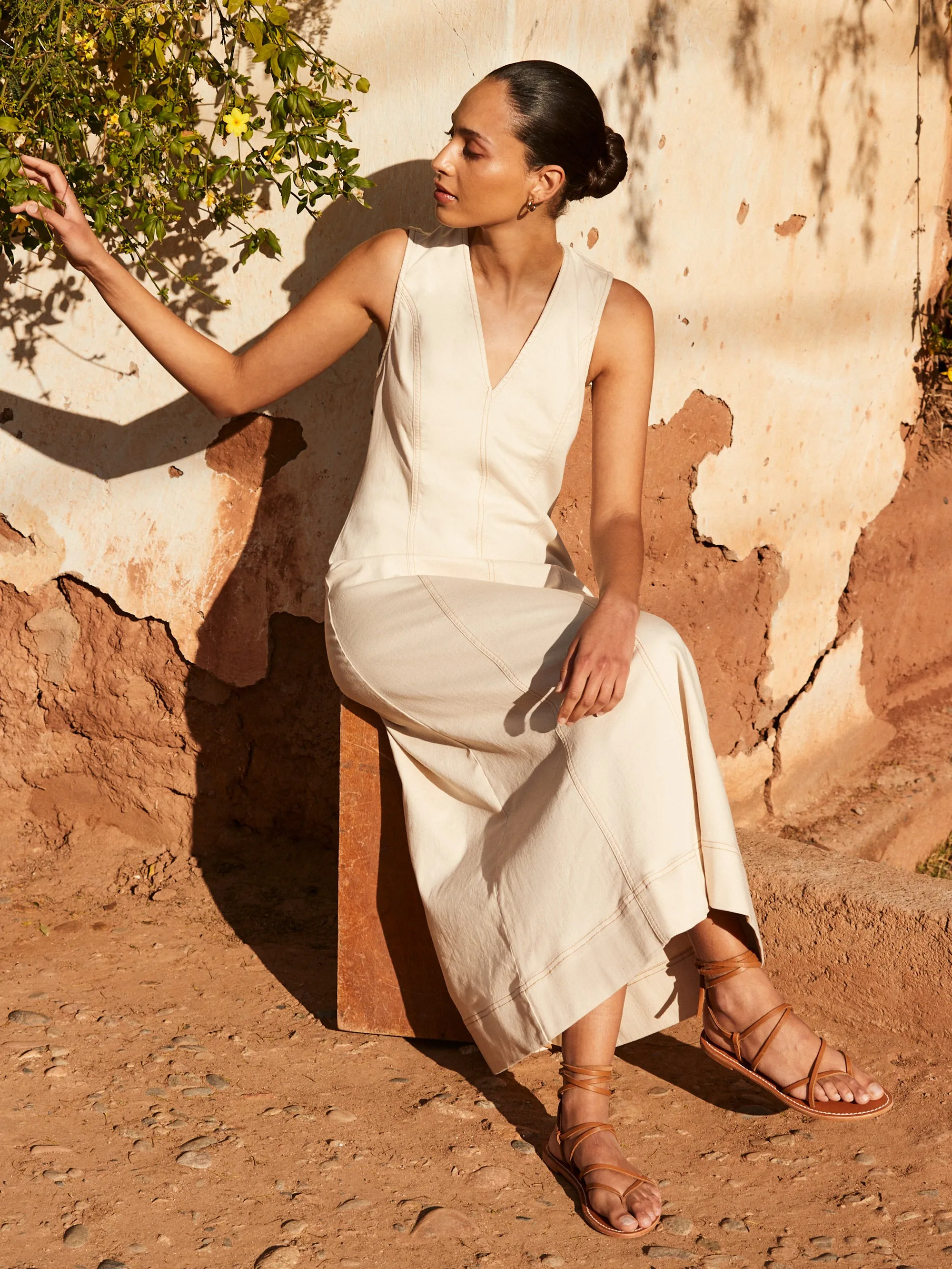 Ecru V-Neck Denim Maxi Dress