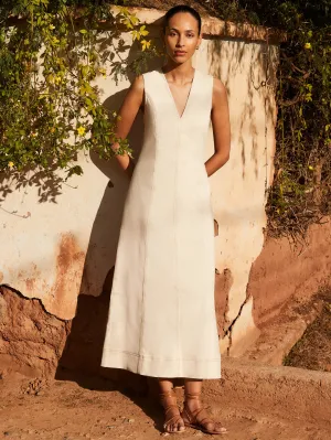 Ecru V-Neck Denim Maxi Dress