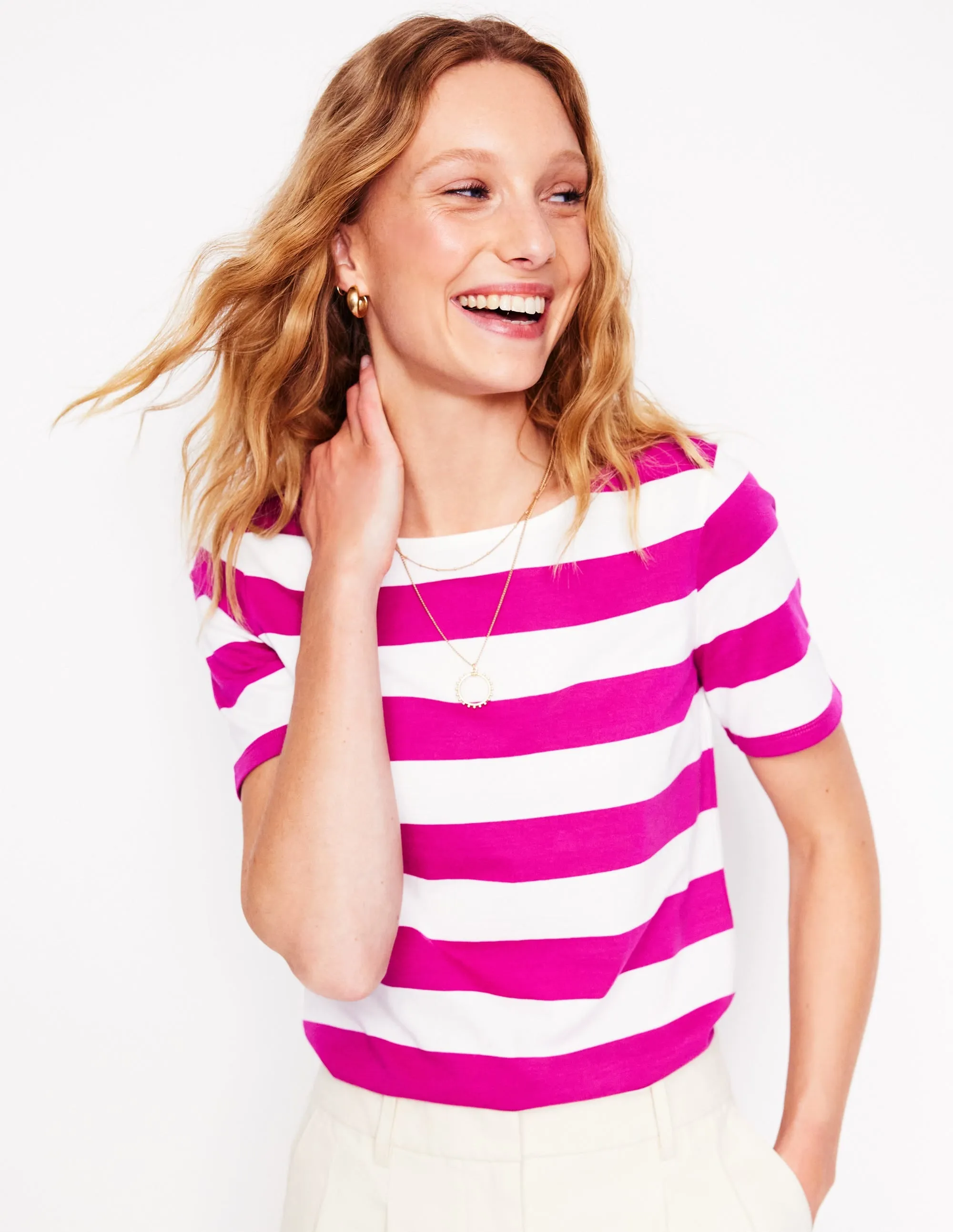 Ella Short Sleeve Breton-Ivory. Festival Fuchsia