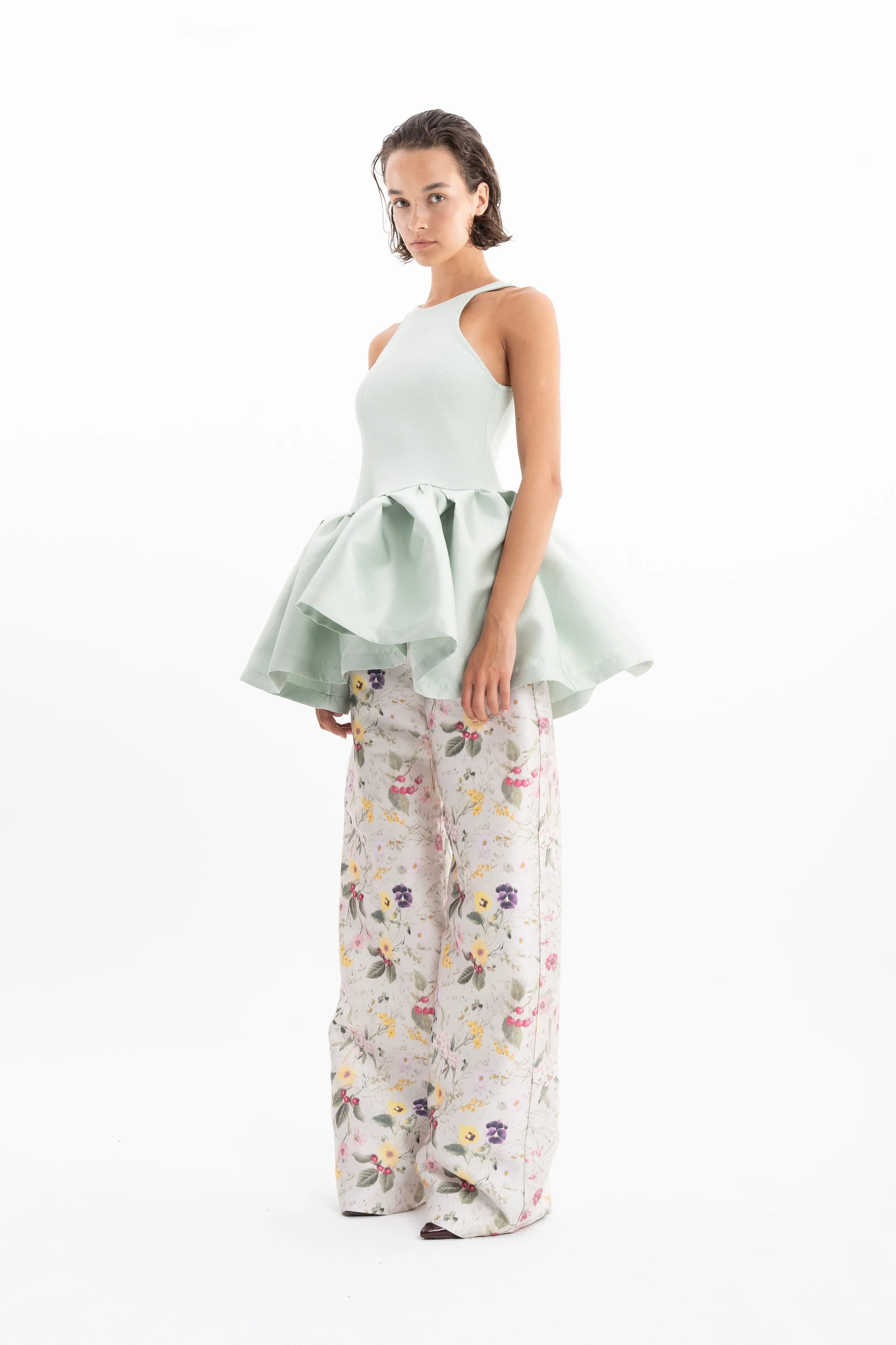 LIGHT GREEN HEAVY SATIN AND RIB JERSEY PEPLUM TANK TOP