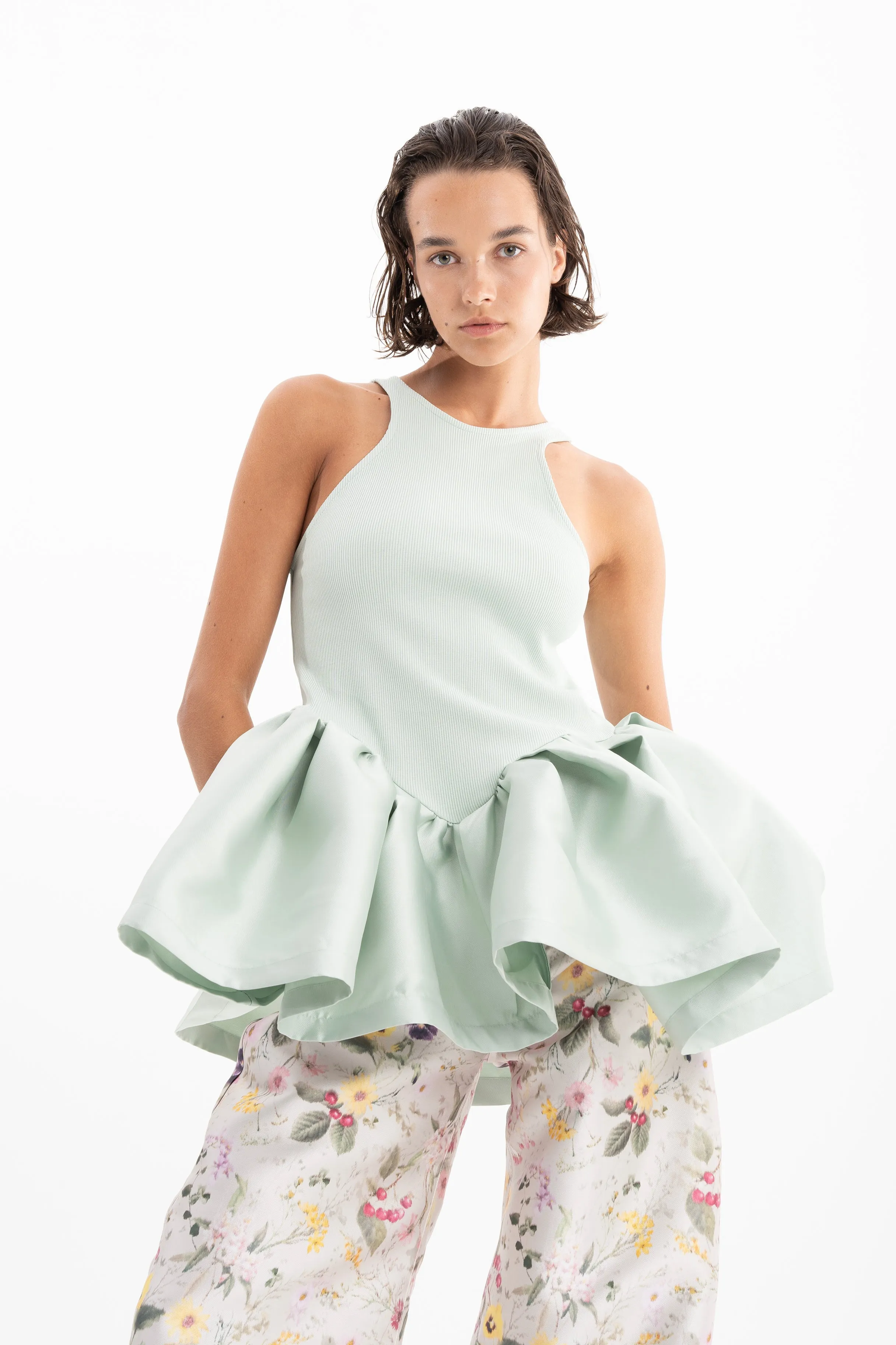 LIGHT GREEN HEAVY SATIN AND RIB JERSEY PEPLUM TANK TOP
