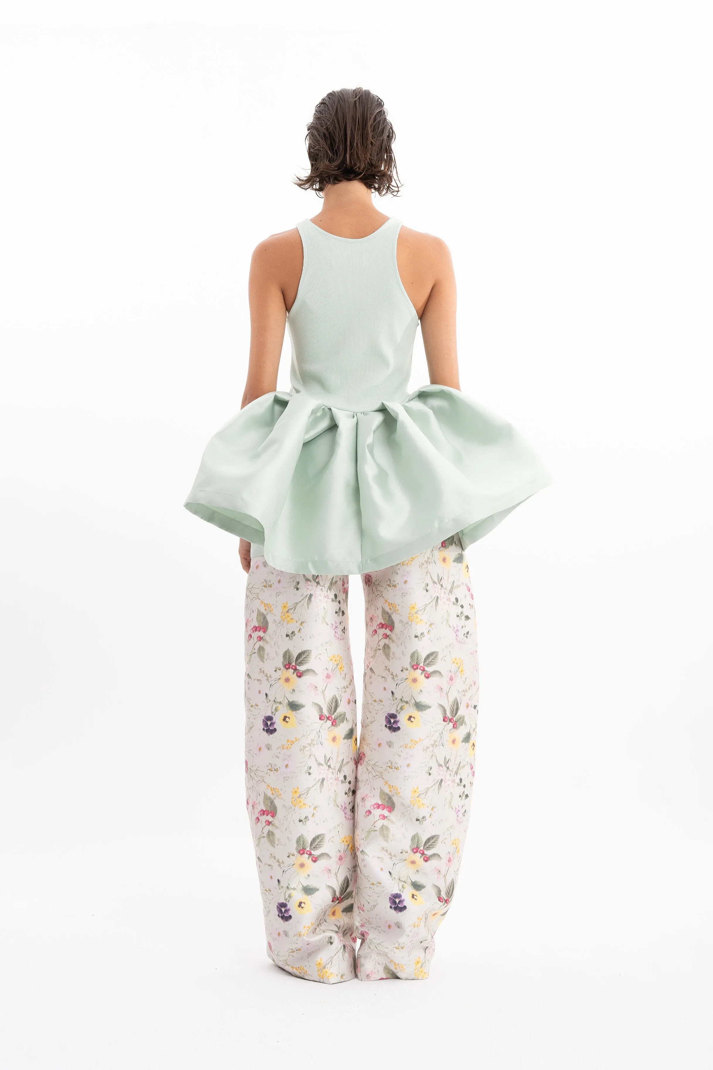 LIGHT GREEN HEAVY SATIN AND RIB JERSEY PEPLUM TANK TOP