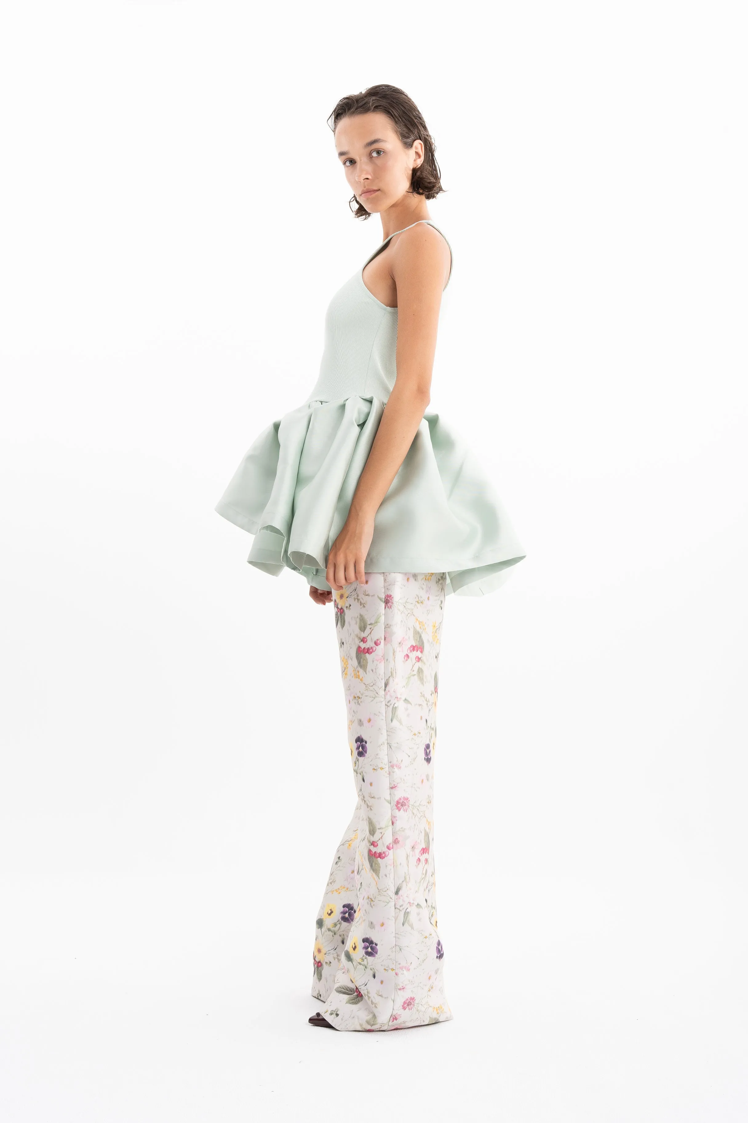 LIGHT GREEN HEAVY SATIN AND RIB JERSEY PEPLUM TANK TOP