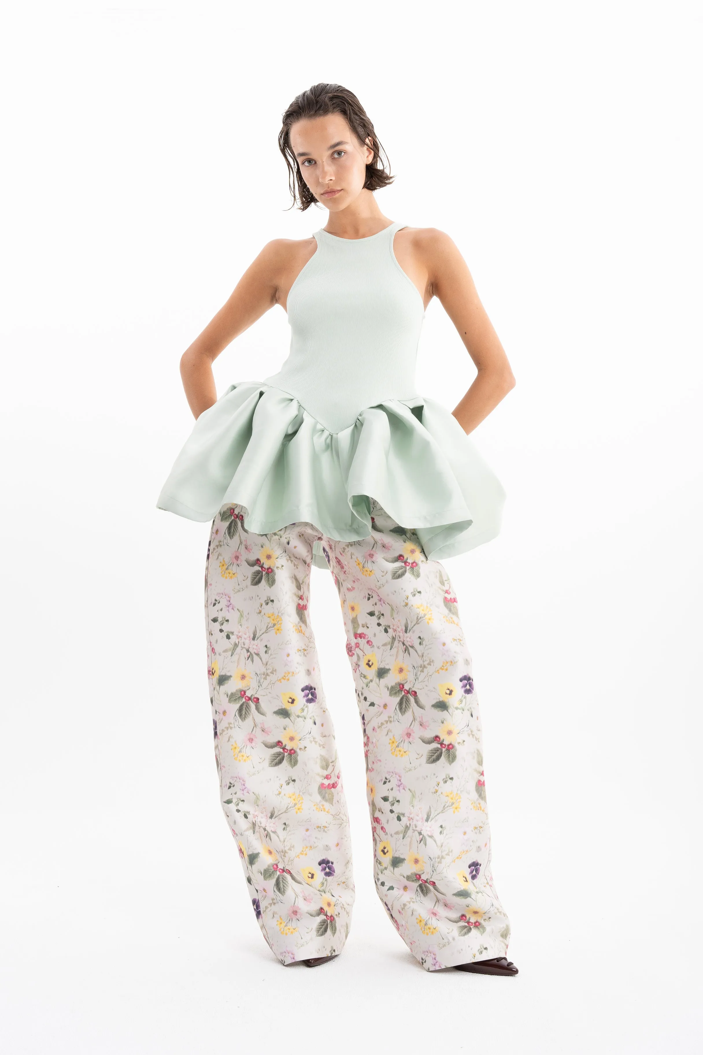 LIGHT GREEN HEAVY SATIN AND RIB JERSEY PEPLUM TANK TOP