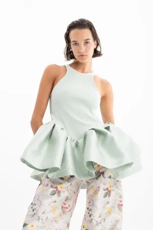 LIGHT GREEN HEAVY SATIN AND RIB JERSEY PEPLUM TANK TOP