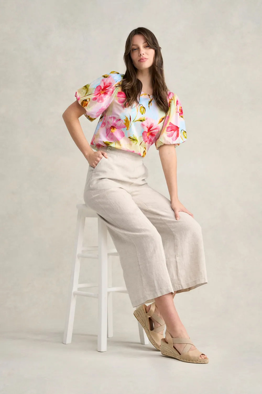 Linen 7/8th Wide Leg Pant - Natural Cross Dye