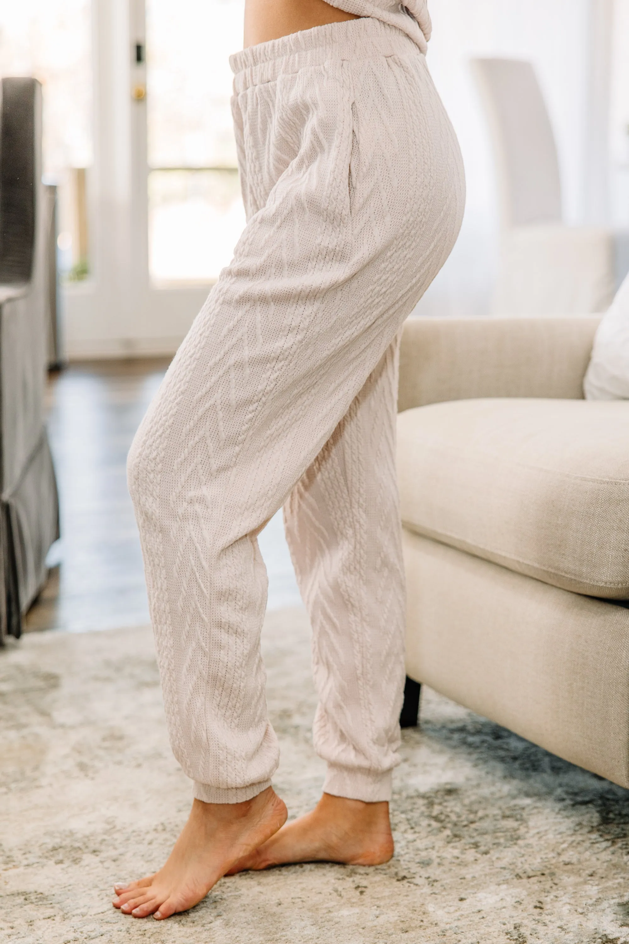 Living The Dream Oatmeal White Cable Knit Joggers