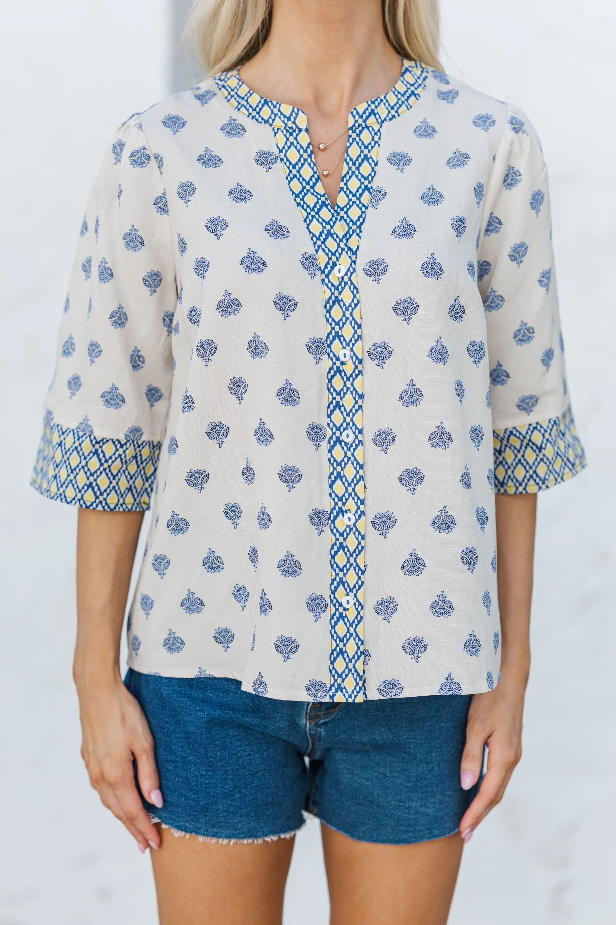 Living To The Fullest Slate Blue Floral Blouse