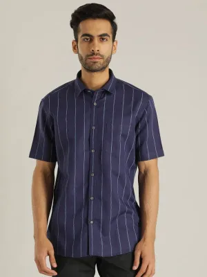 Men Striped Half Sleeve Linen Blend Shirt