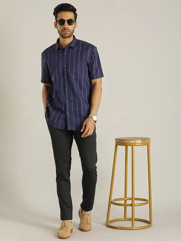 Men Striped Half Sleeve Linen Blend Shirt