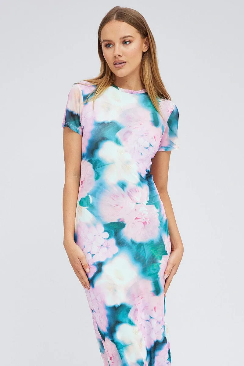 Pink Abstract Maxi Dress Short Sleeve Crew Neck Bodycon Mesh
