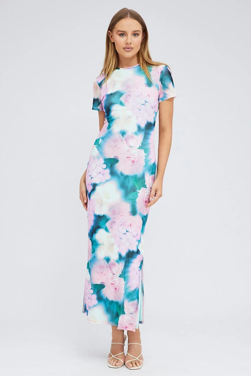 Pink Abstract Maxi Dress Short Sleeve Crew Neck Bodycon Mesh