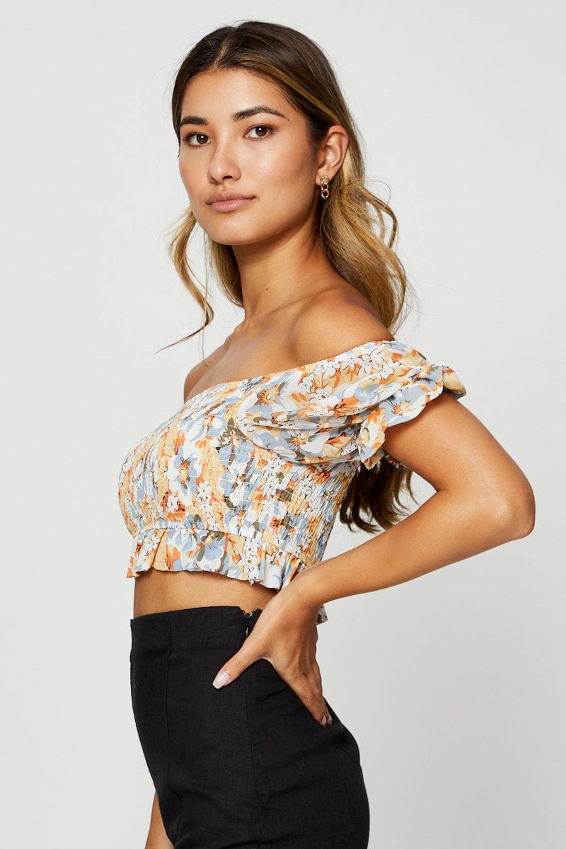 Print Crop Top Off Shoulder