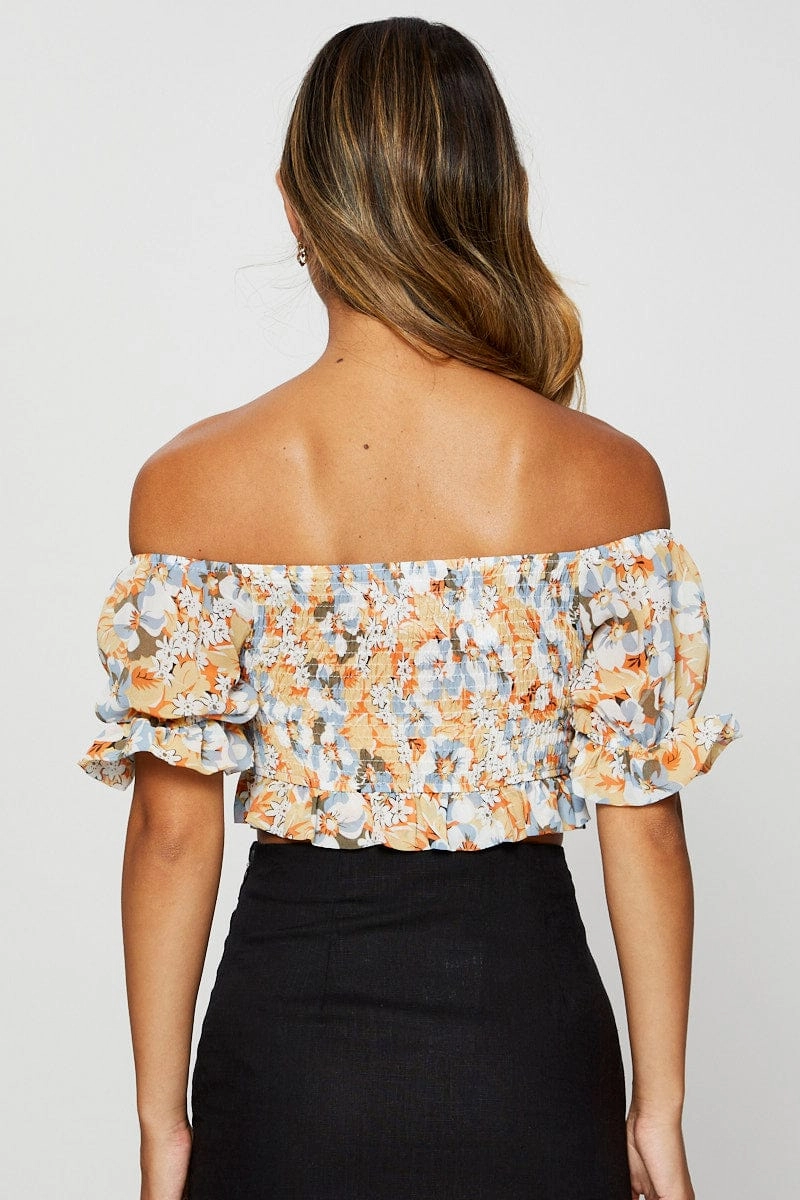 Print Crop Top Off Shoulder