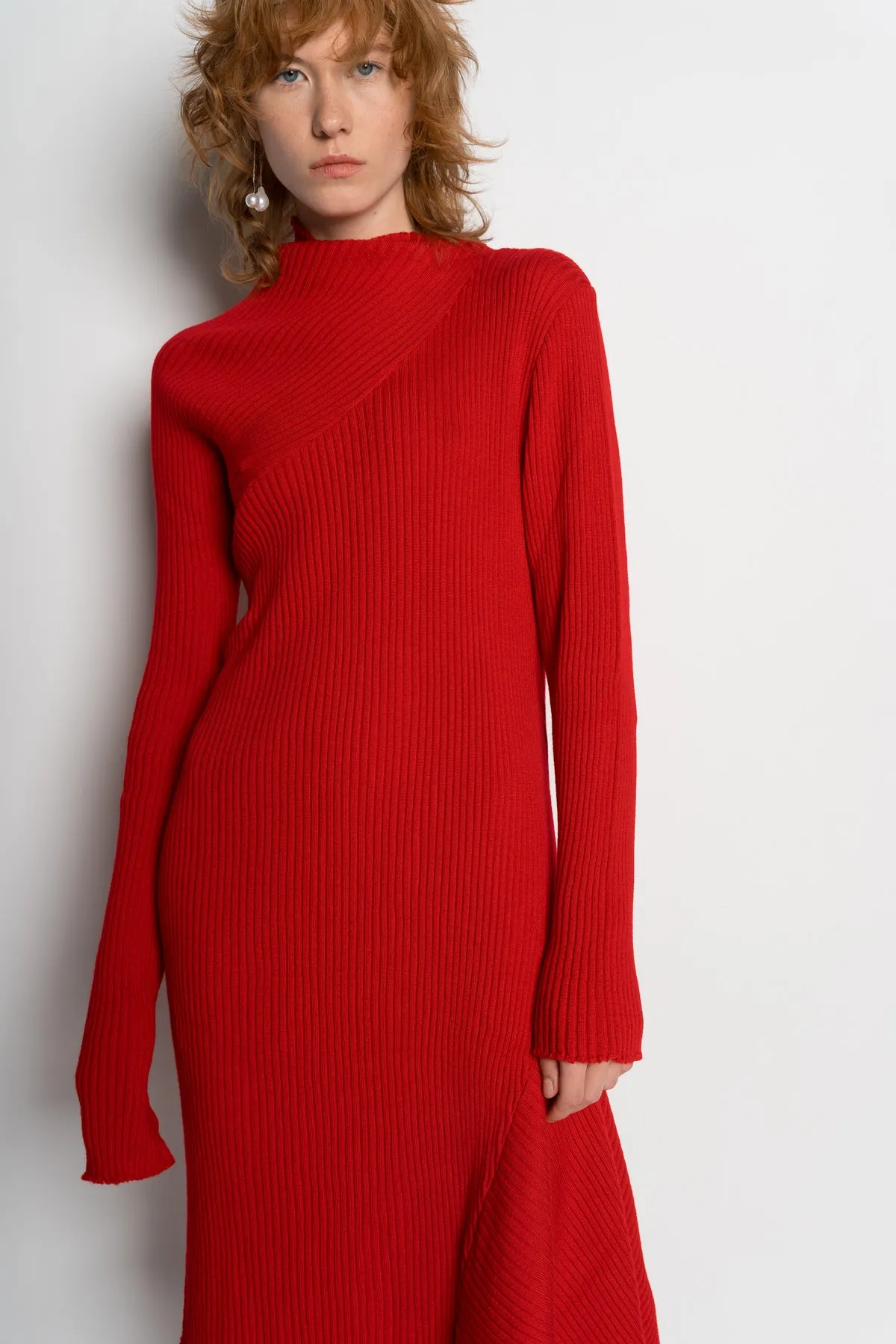 RED DRAPED NECK DRESS