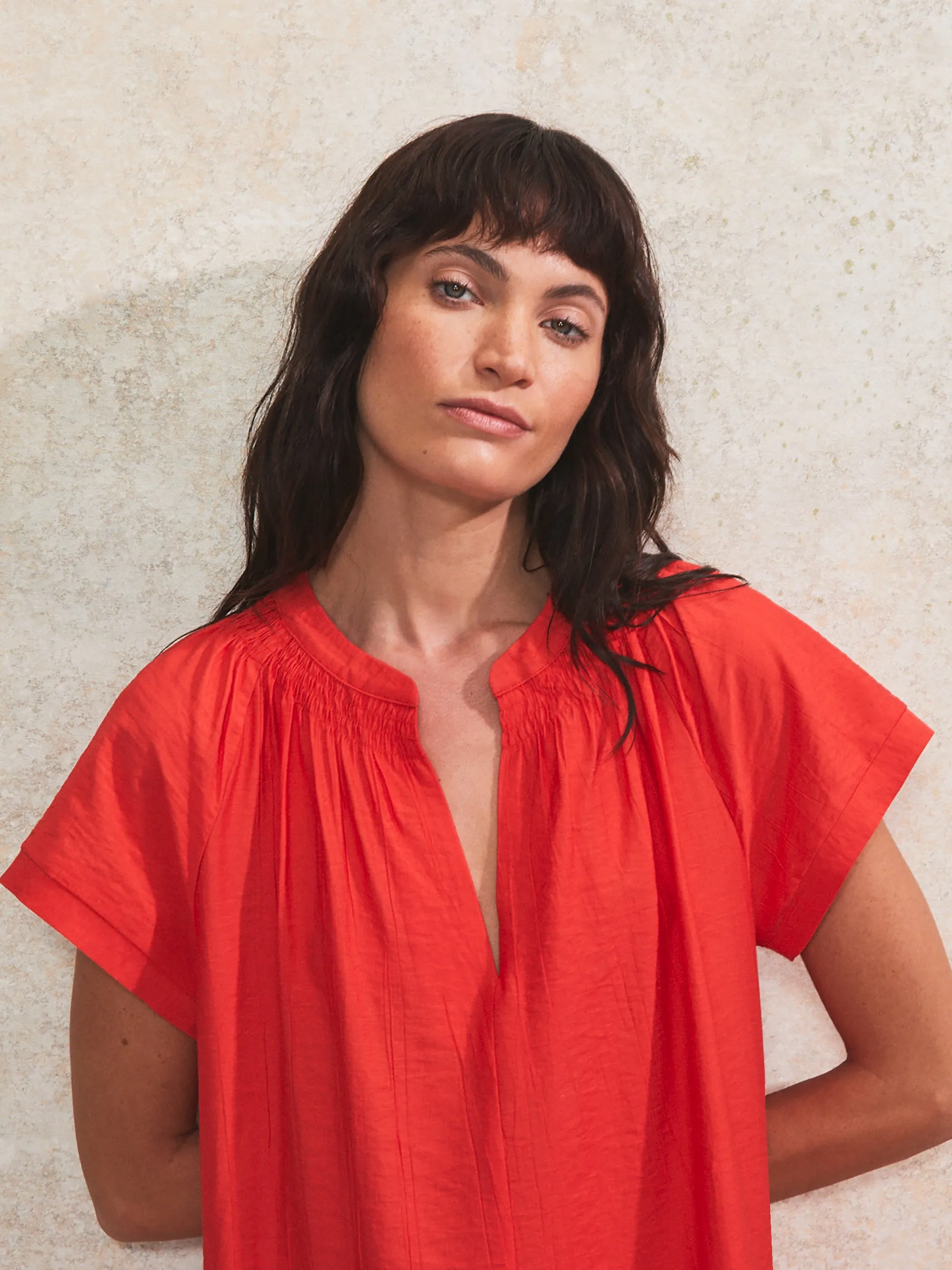 Red Gathered-Detail Short Dress