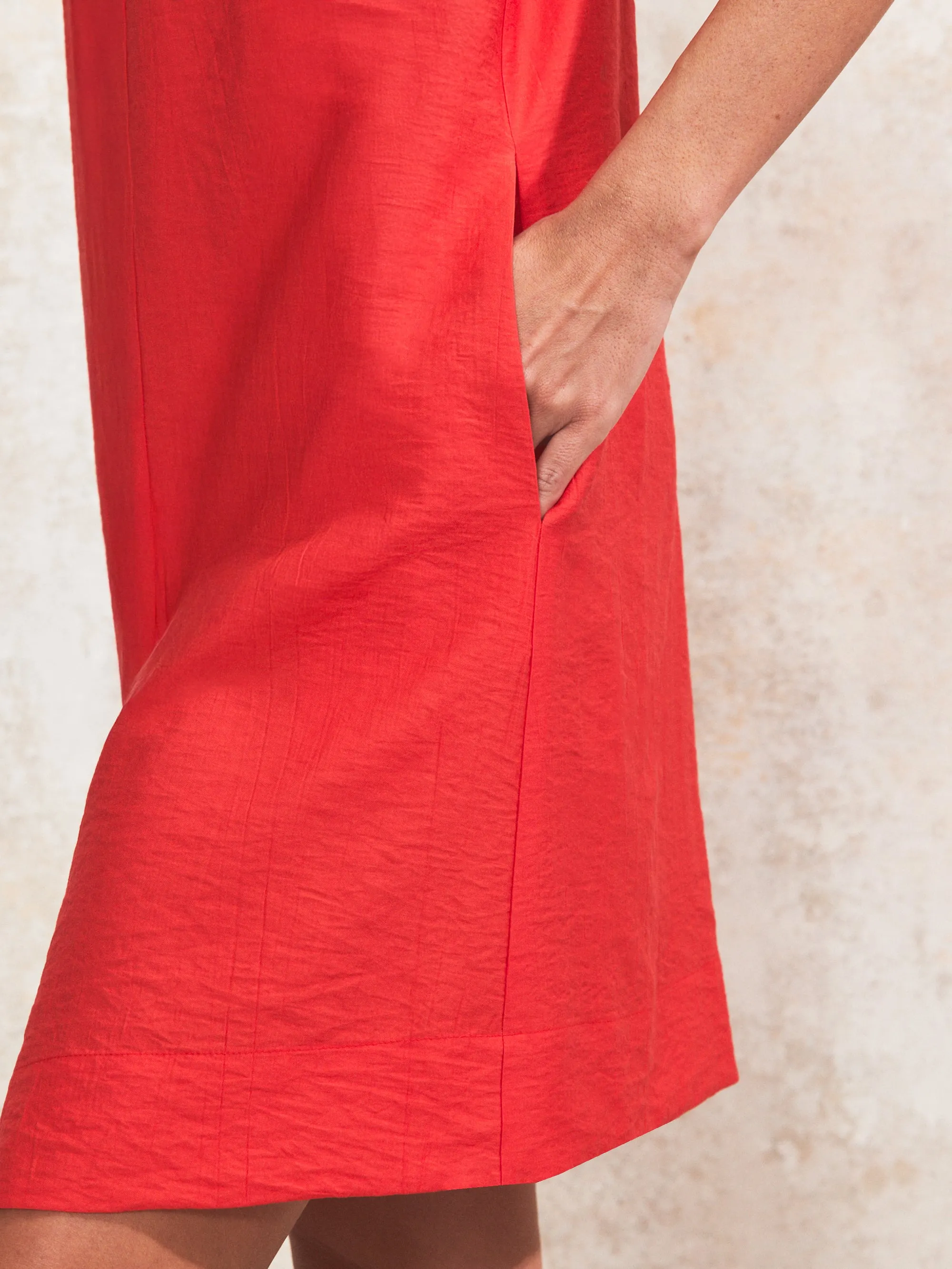 Red Gathered-Detail Short Dress