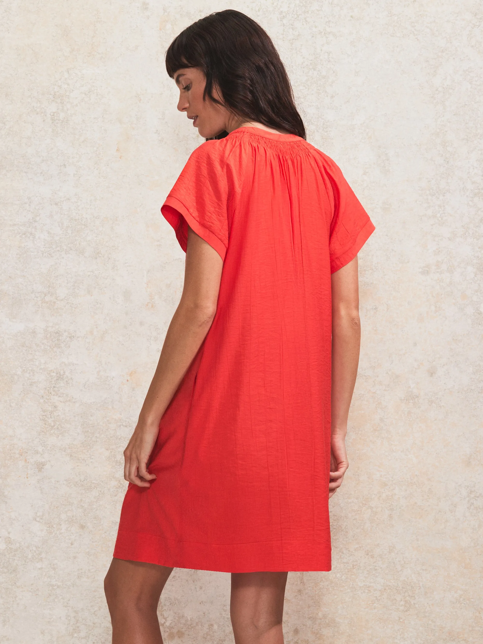Red Gathered-Detail Short Dress
