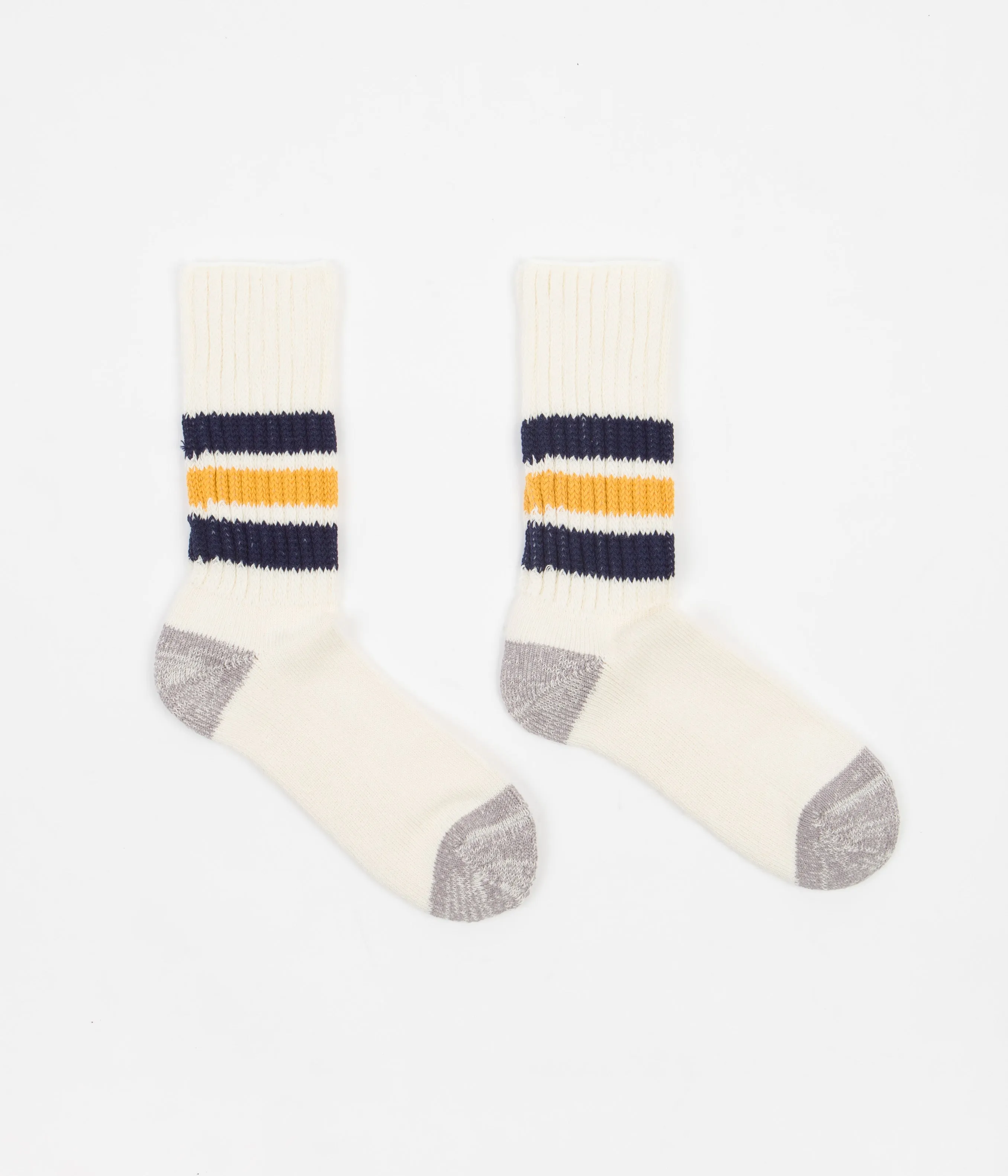 RoToTo Coarse Ribbed Crew Socks - White / Navy / Yellow