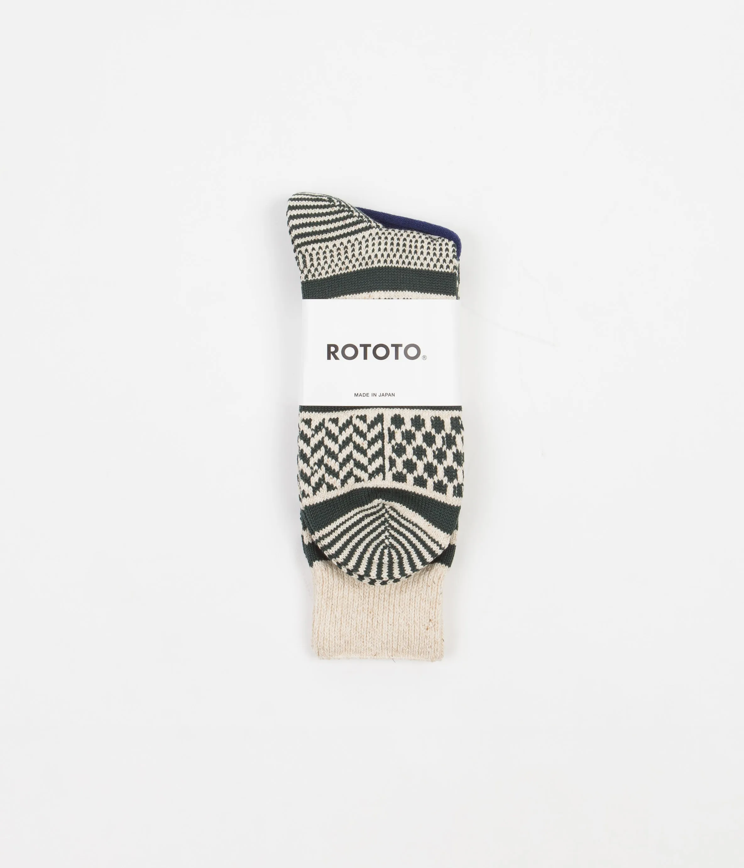 RoToTo Jacquard Crew Socks - Ivory / Dark Green